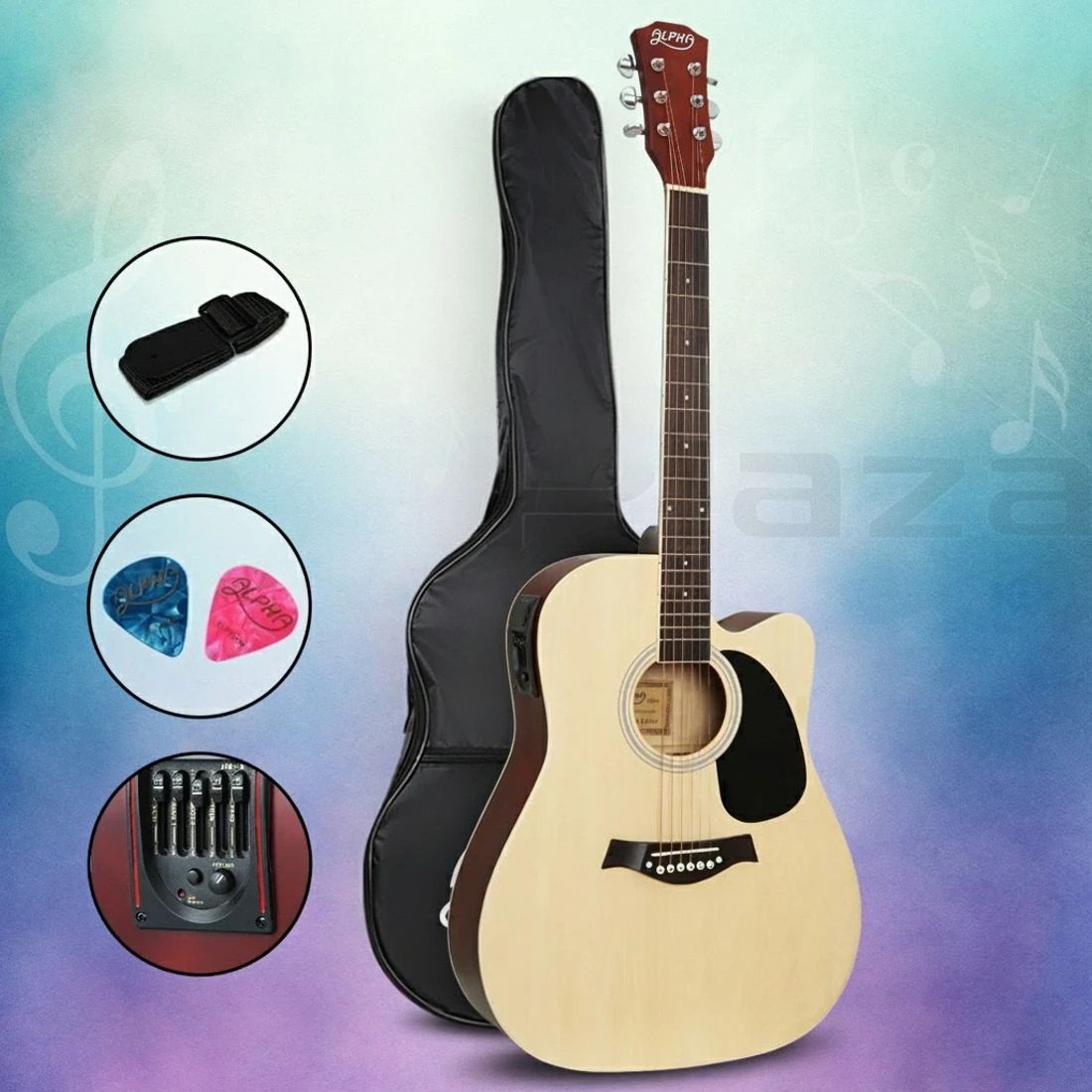6 Alpha 41 Inch Acoustic Guitar Equaliser Electric Output Jack Cutaway Wood - Natural, 6 of 6