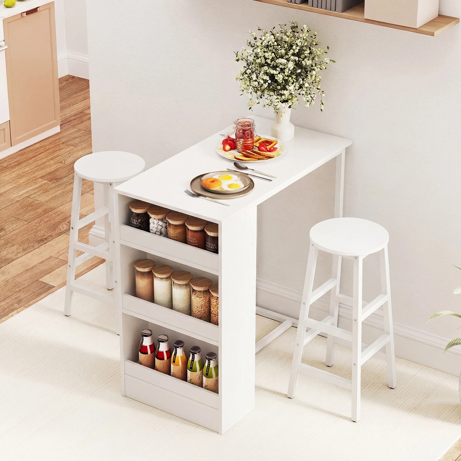 3 Costway 3PCS Dining Table Set Counter Height Bistro Table w/Storage Shelf Kitchen Table Set - White, 3 of 4