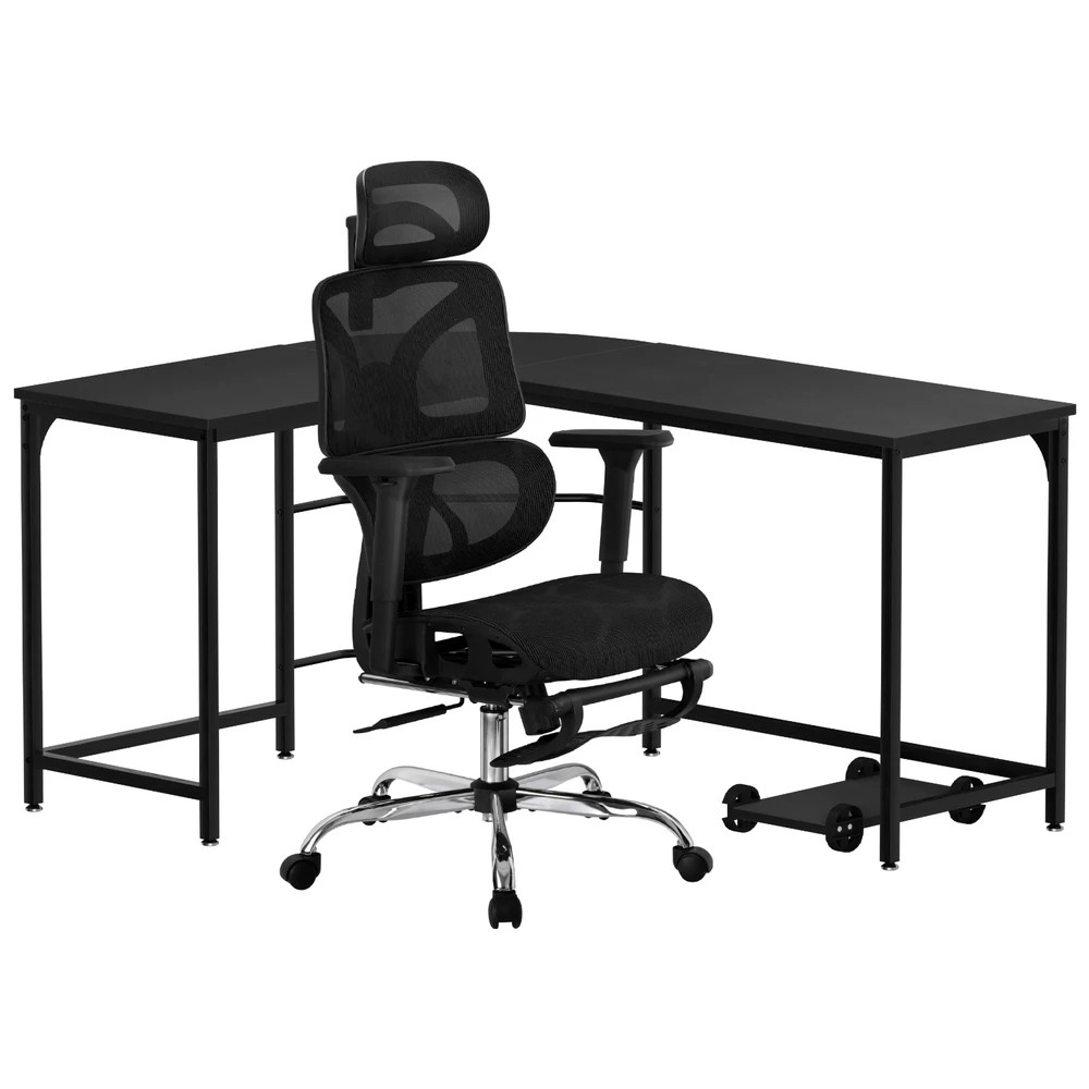 1 Artiss Computer Desk L-Shape Study Desks Ergonomic Office Chair Mesh Chairs - Black, 1 of 6