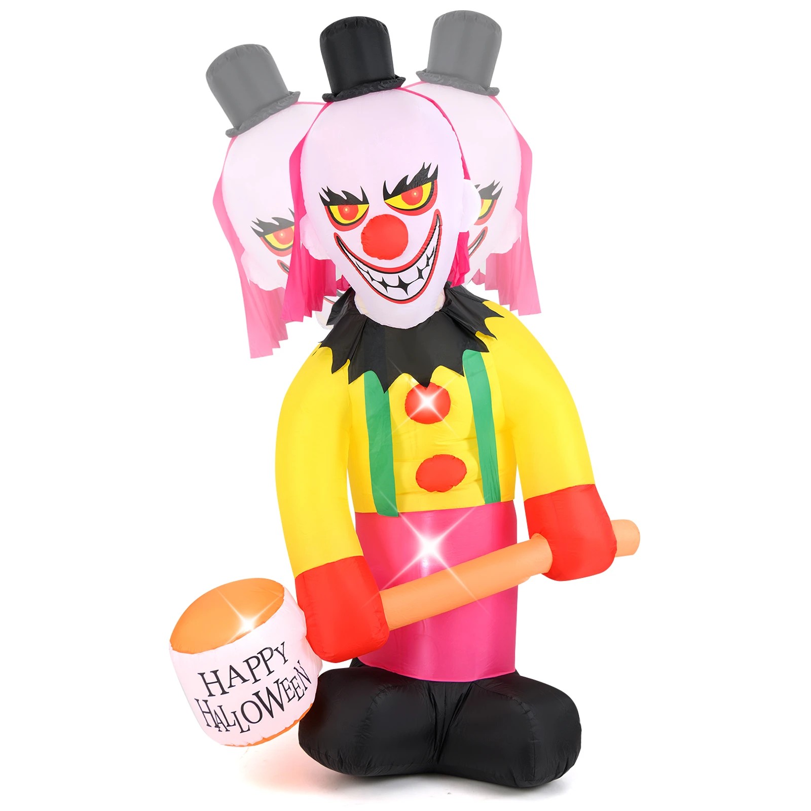 1 Costway 2.4M Head Turning Clown Halloween Inflatables w/Hammer LED Lights Flashing Eyes Sandbags, 1 of 1