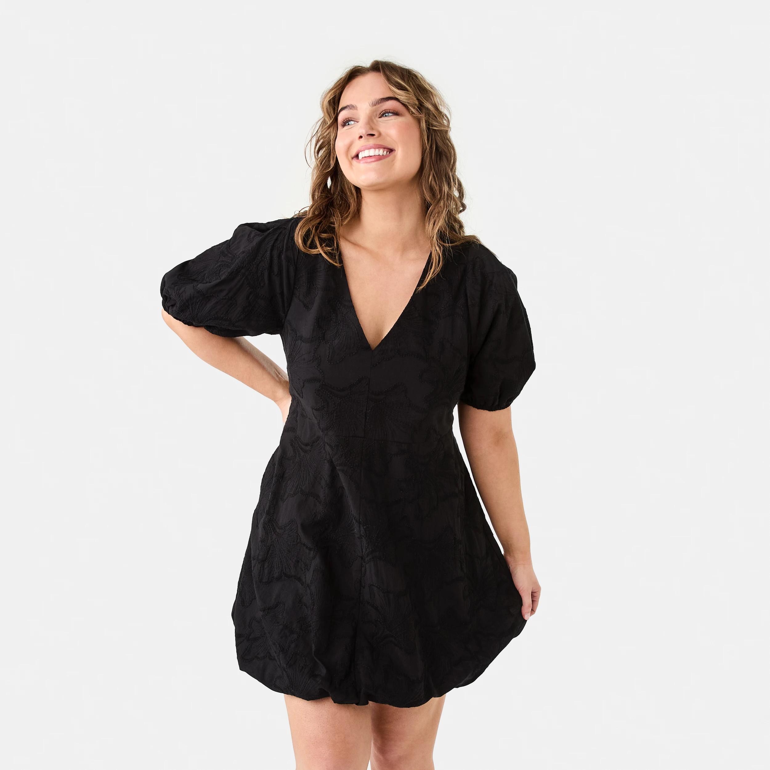 1 Short Sleeve Broderie Puff Sleeve Mini Dress Black, 1 of 10
