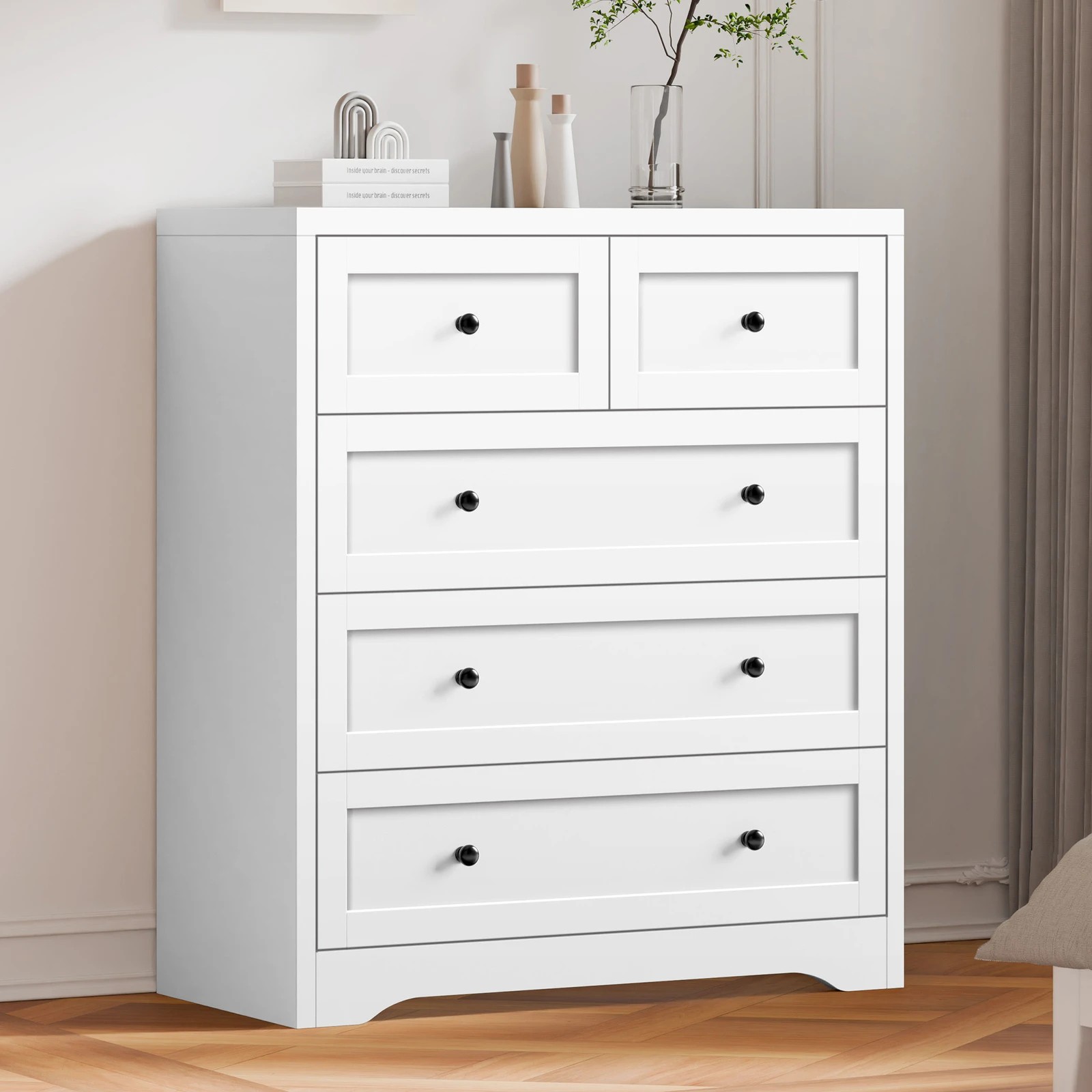 9 Alfordson 5 Chest of Drawers Hamptons Storage Cabinet Dresser Tallboy - White, 9 of 9