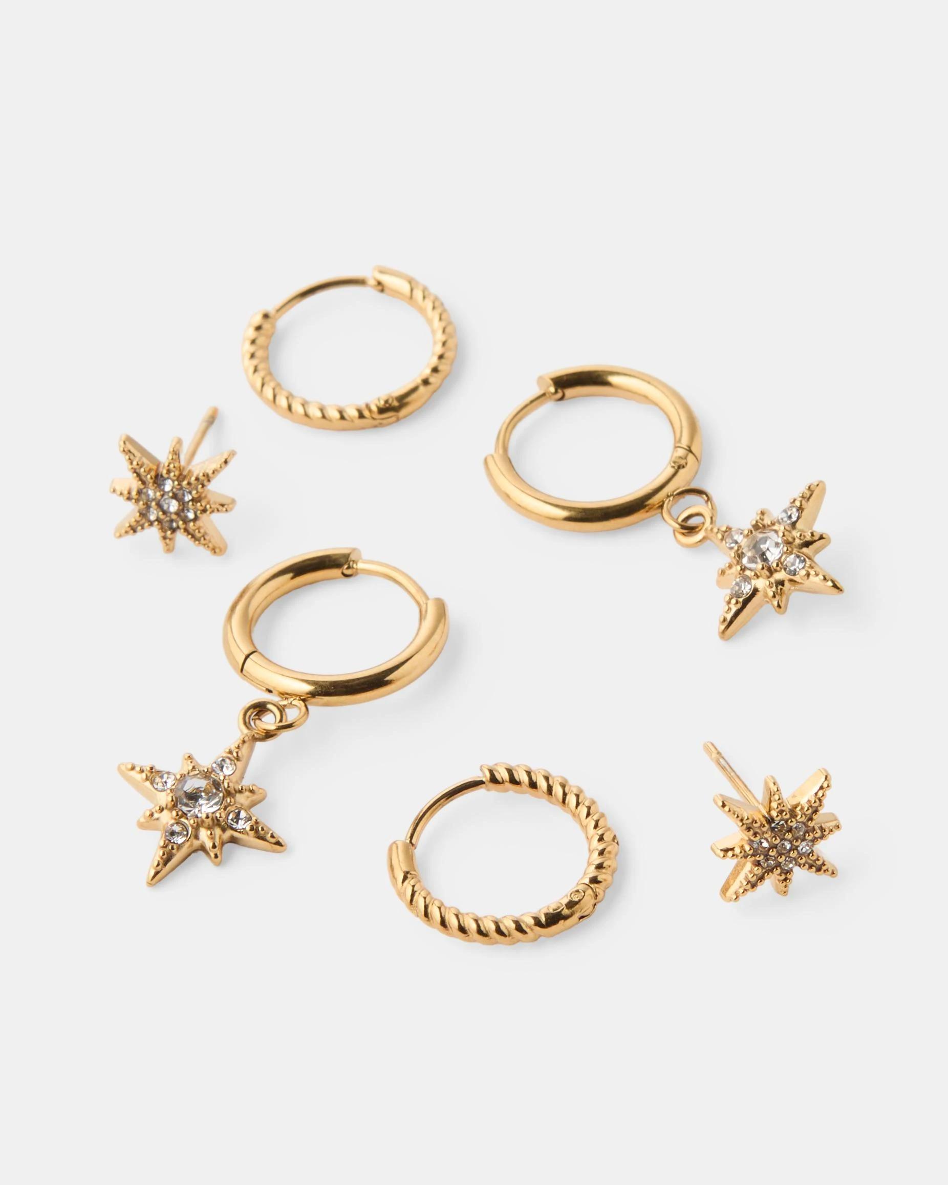 2 3 Pack Waterproof Stainless Steel Star Earrings - Gold Tone Gold, 2 of 3