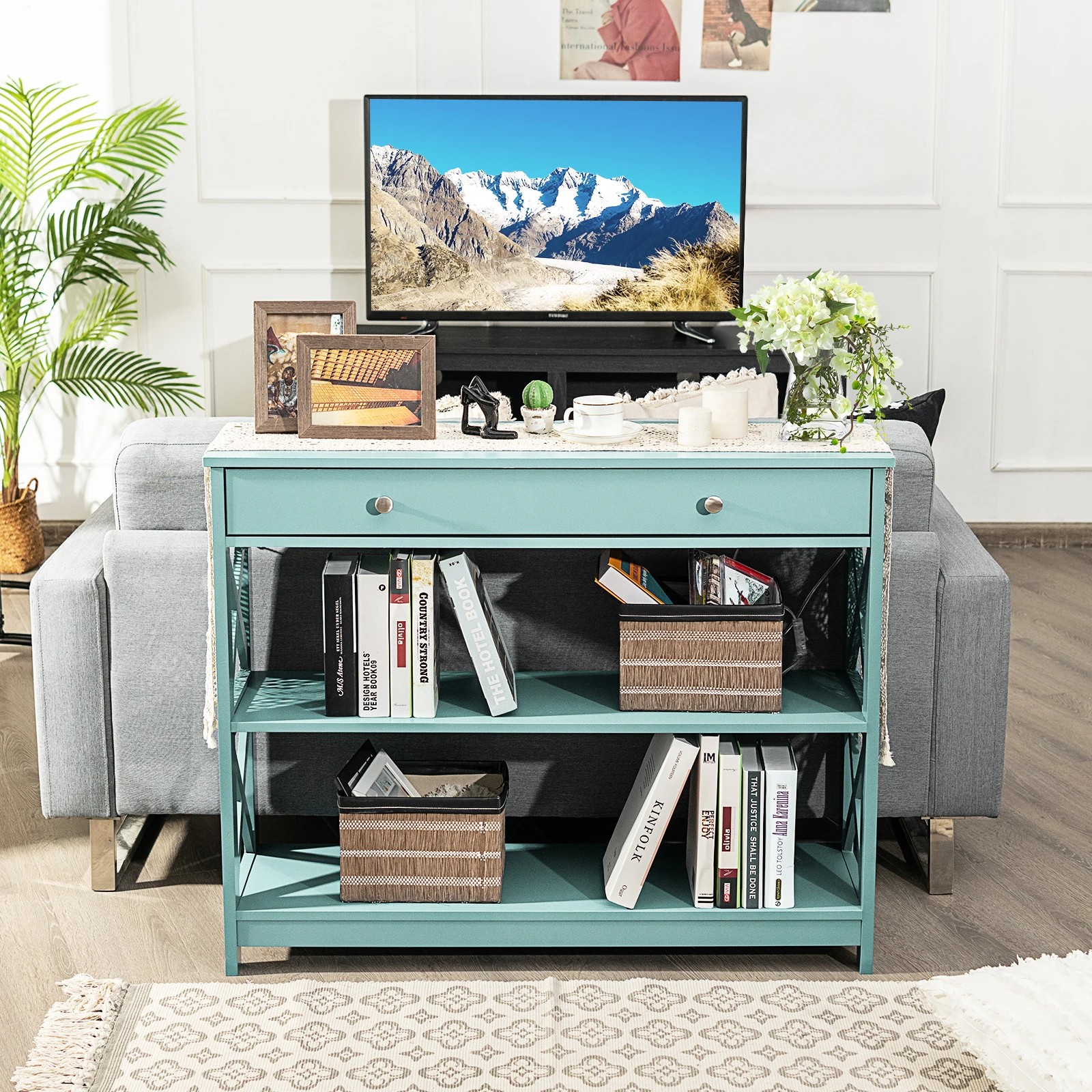 3 Costway 3-Tier Console Table X-Design Sofa Side Table w/Drawer Entryway Table, 3 of 4