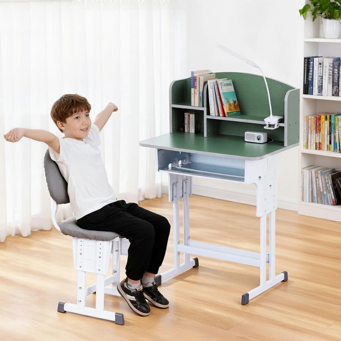 6 Keezi Kids Study Desk Chair Set Adjustable Ergonomic Table LED Lamp Green - Green, 6 of 6