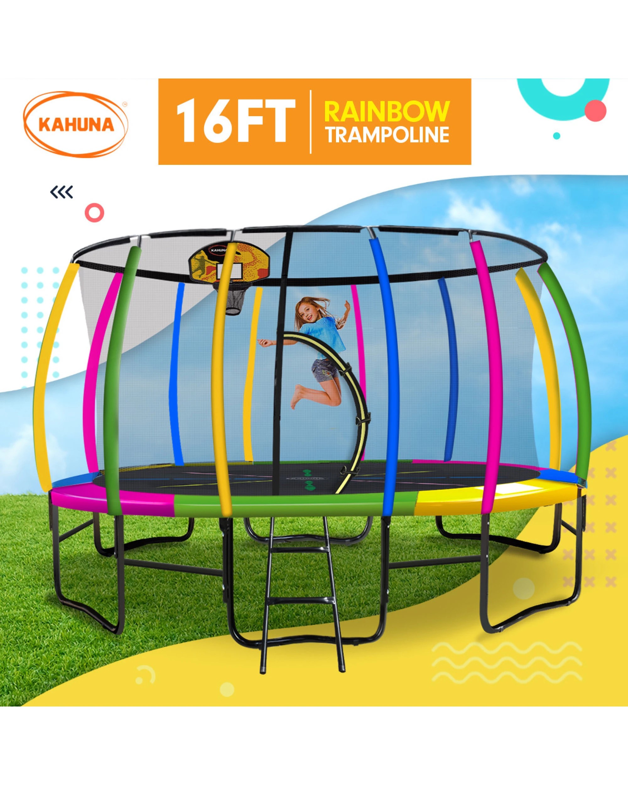 3 Kahuna Trampoline 16 Ft With Basketball Set - Rainbow, 3 of 9