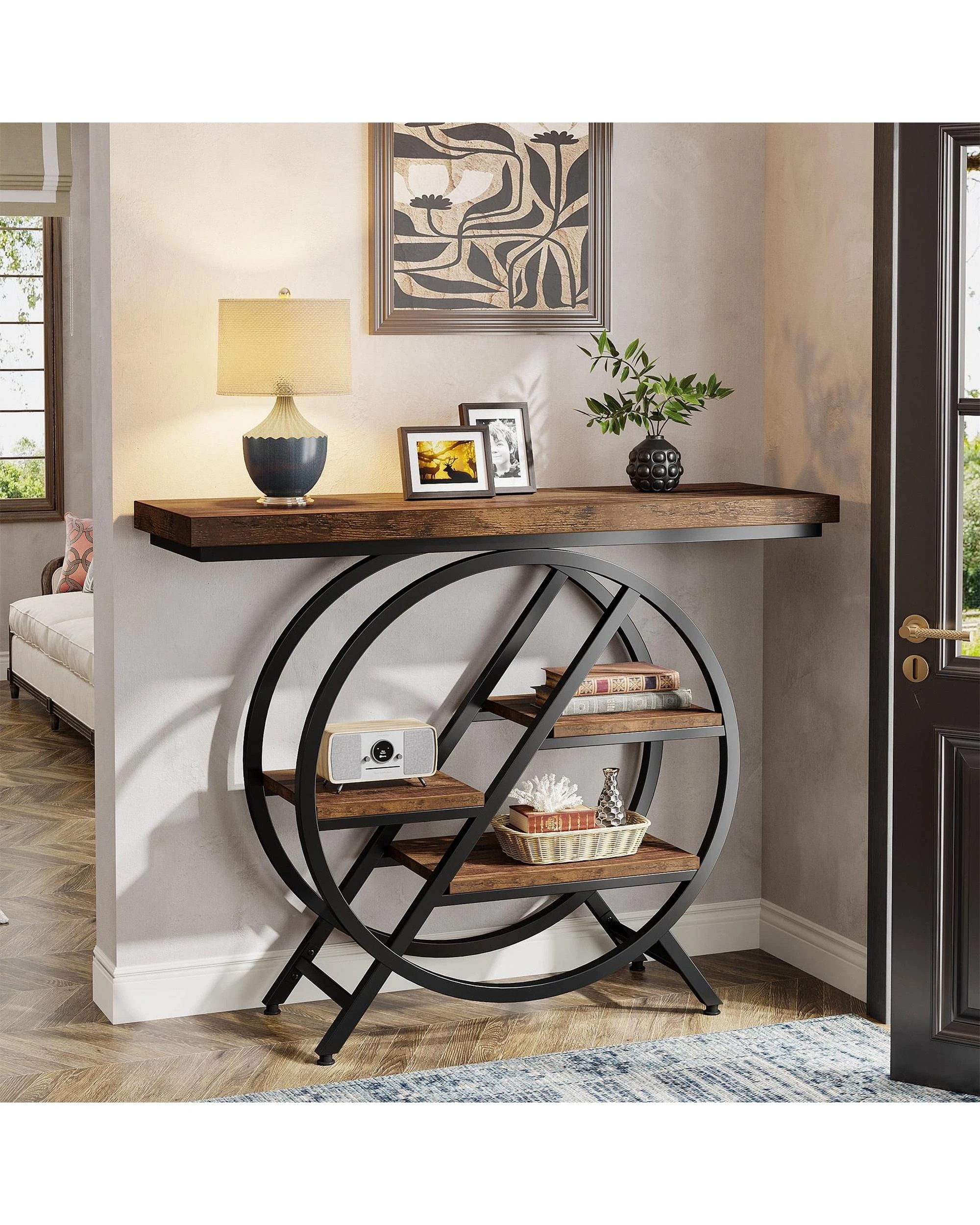 2 OAKORY 100cm Console Table, 4-Tier Industrial Hallway Table with Metal Frame, Rustic Brown, 2 of 7