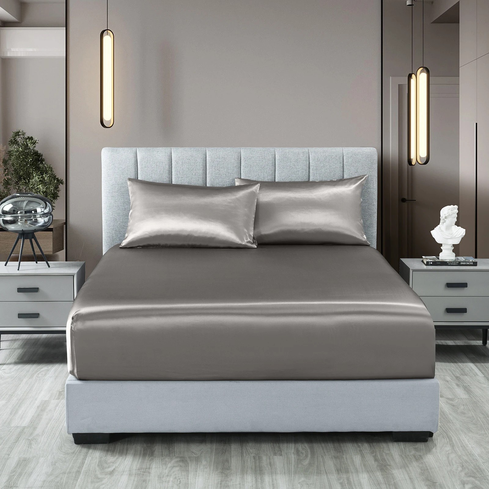 1 Royal Comfort Satin Sheet Set 3 Piece Fitted Sheet Pillowcase Soft Silky Smooth - King Bed - Charcoal, 1 of 6