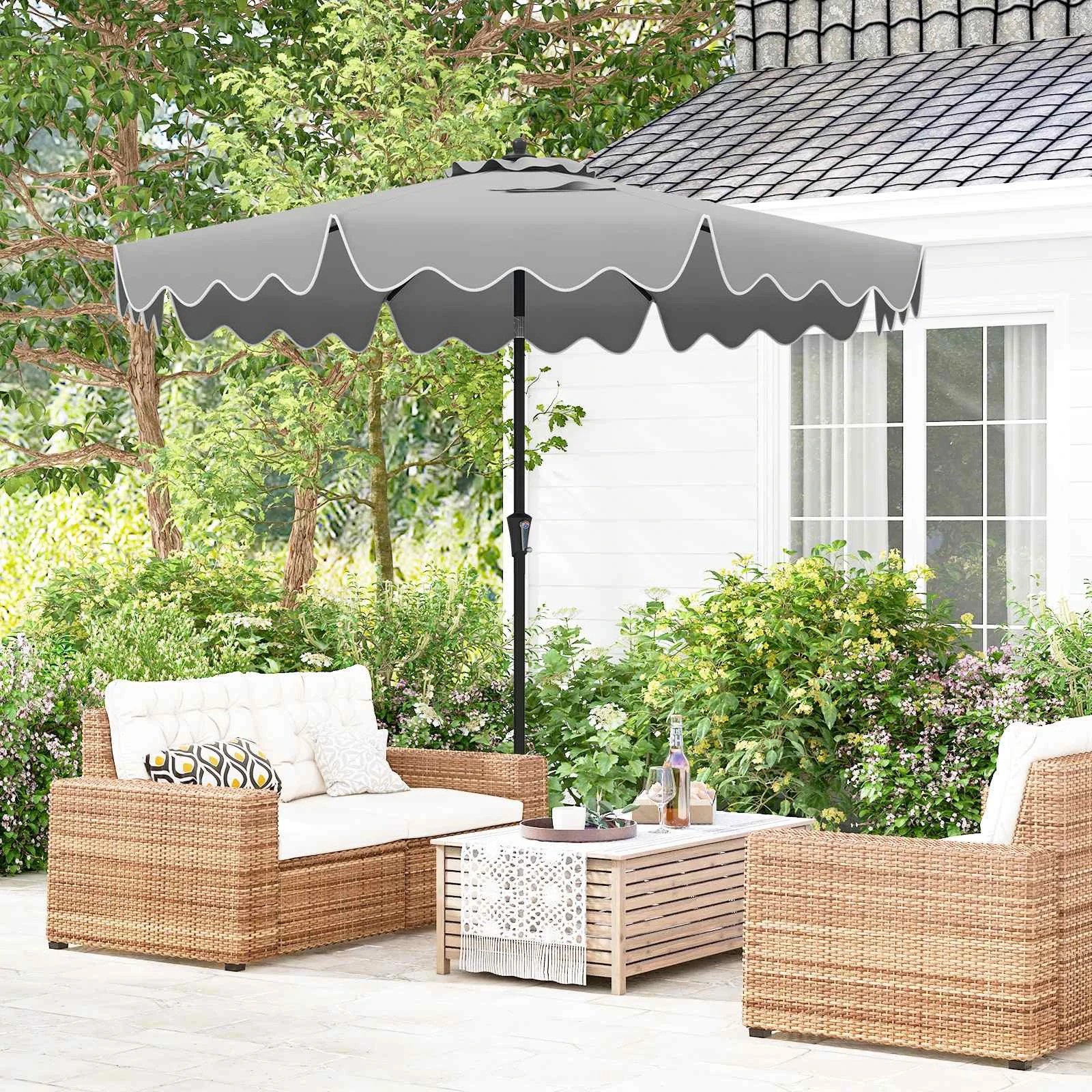 2 Costway 2.7M Patio Umbrella Tilt Metal Sun Canopy Ruffled Double-Tier Crank - Grey, 2 of 2