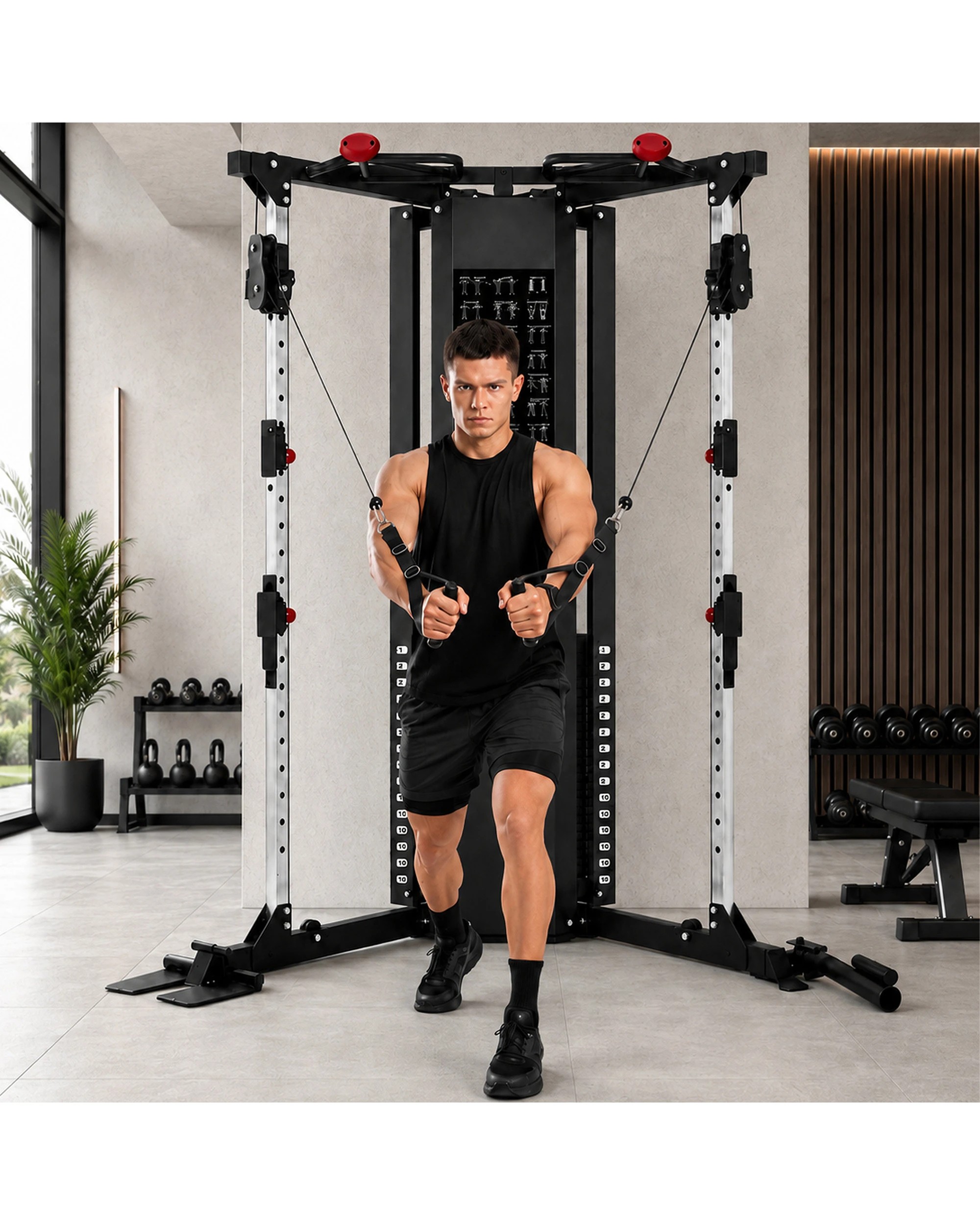 2 Powertrain Functional Trainer Power Rack - Dual 36kg Weight Stacks, V-Shaped Corner Frame - Black, 2 of 7