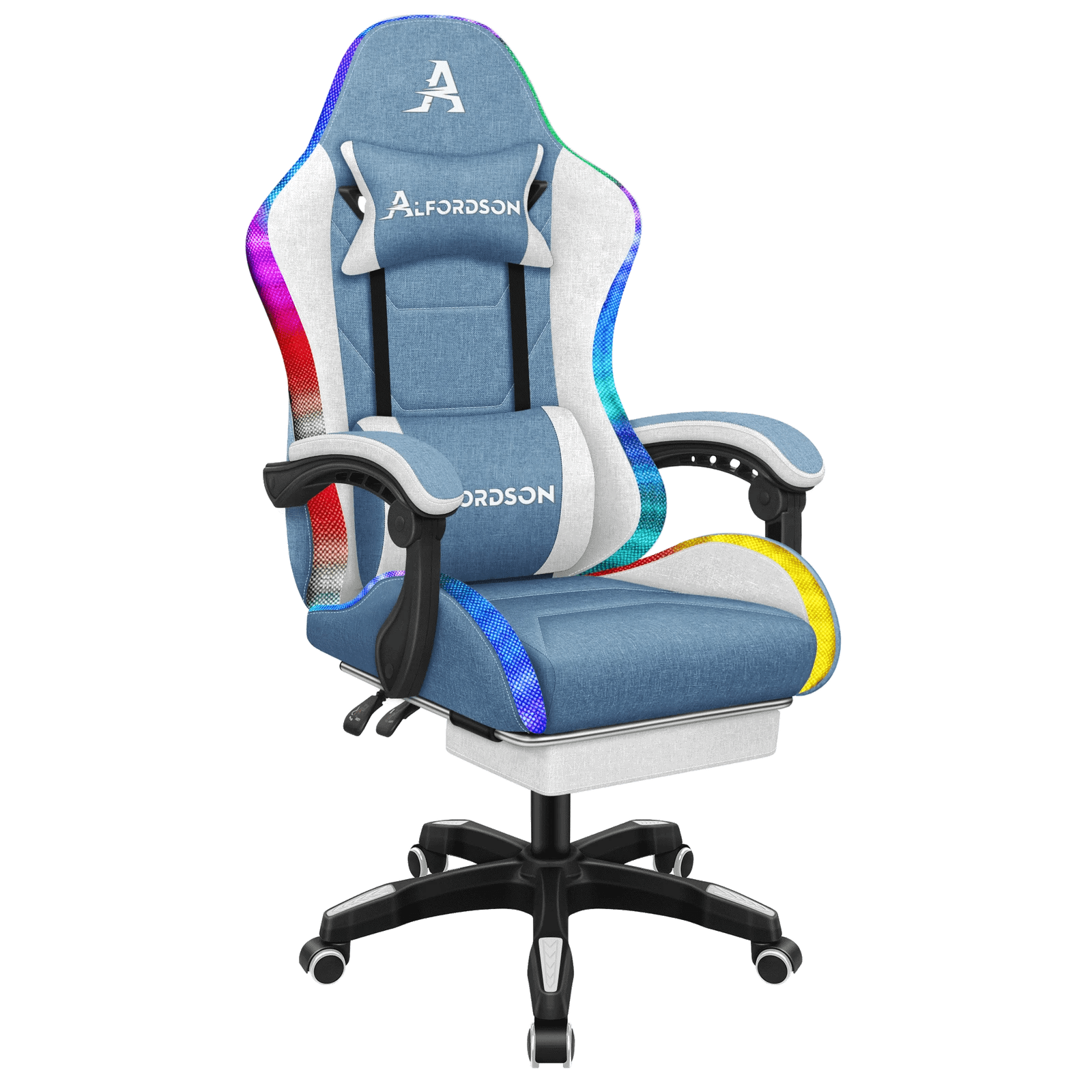 1 Alfordson Gaming Chair Office Massage 12 RGB LED Computer Seat Fabric - White Blue, 1 of 10