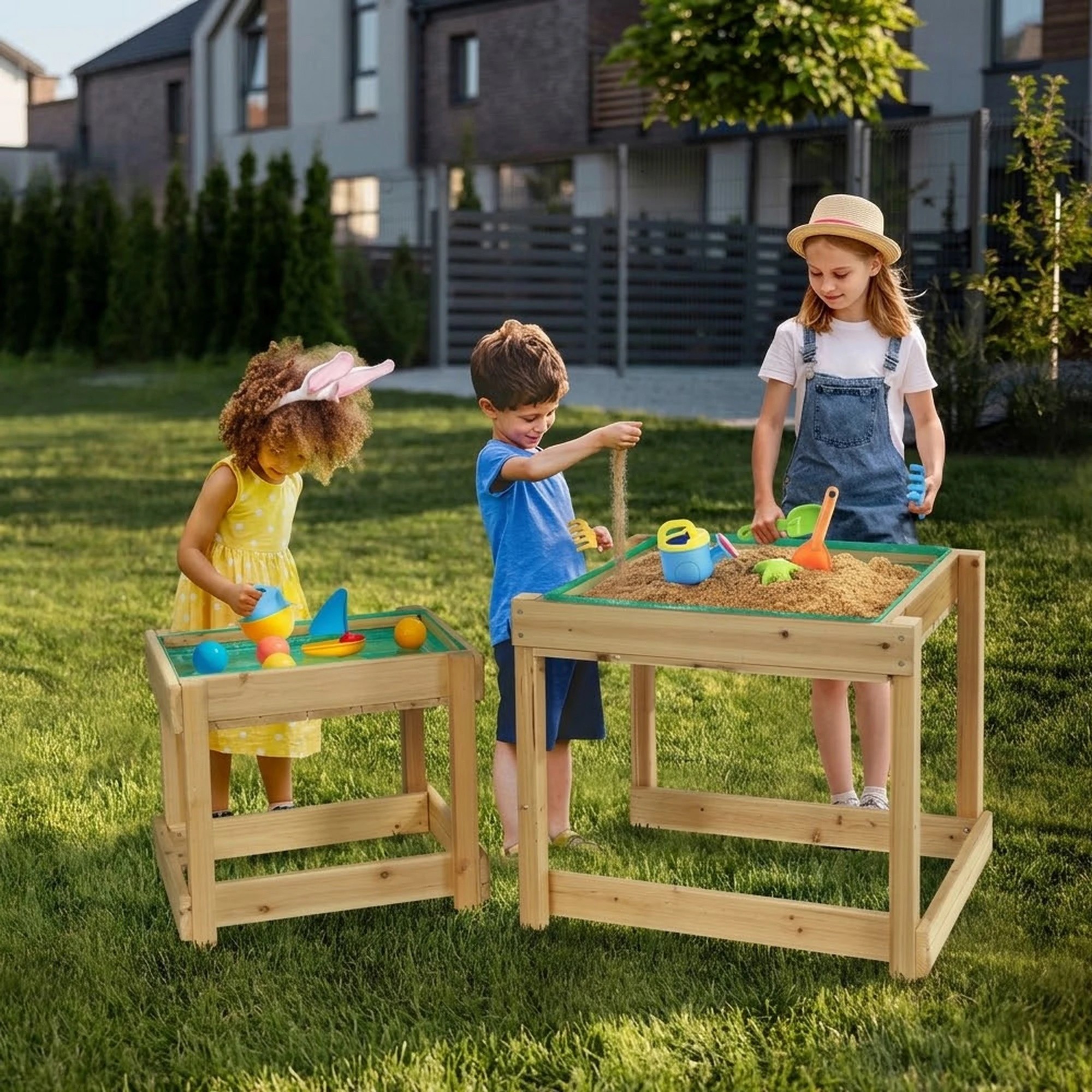 6 Keezi Kids Sandpit Wooden Sandbox Sand Pit Water Table Outdoor Toys - Natural, 6 of 8