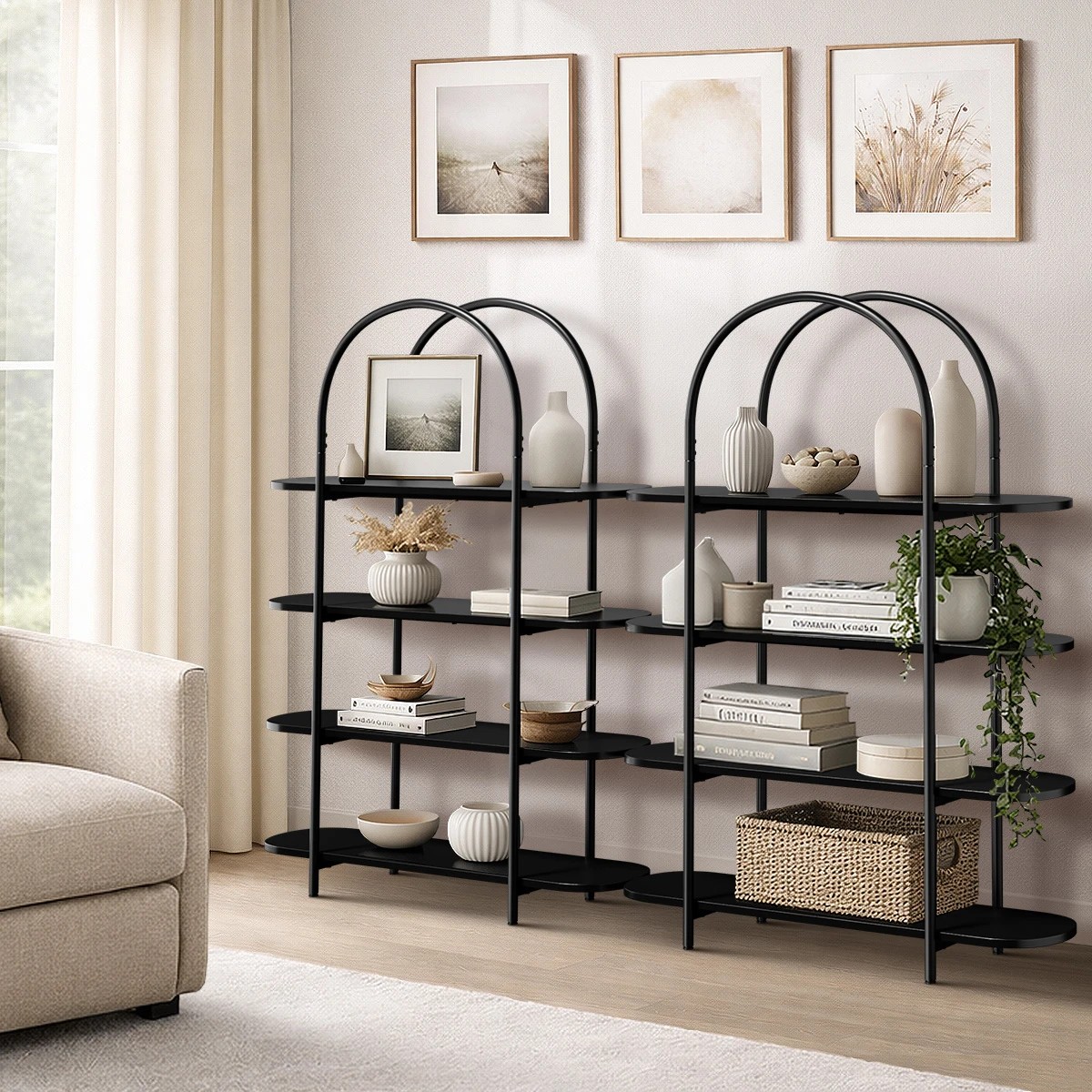3 Oikiture Bookshelf 4 Tier Arched Display Shelf Home Industrial - Black, 3 of 9