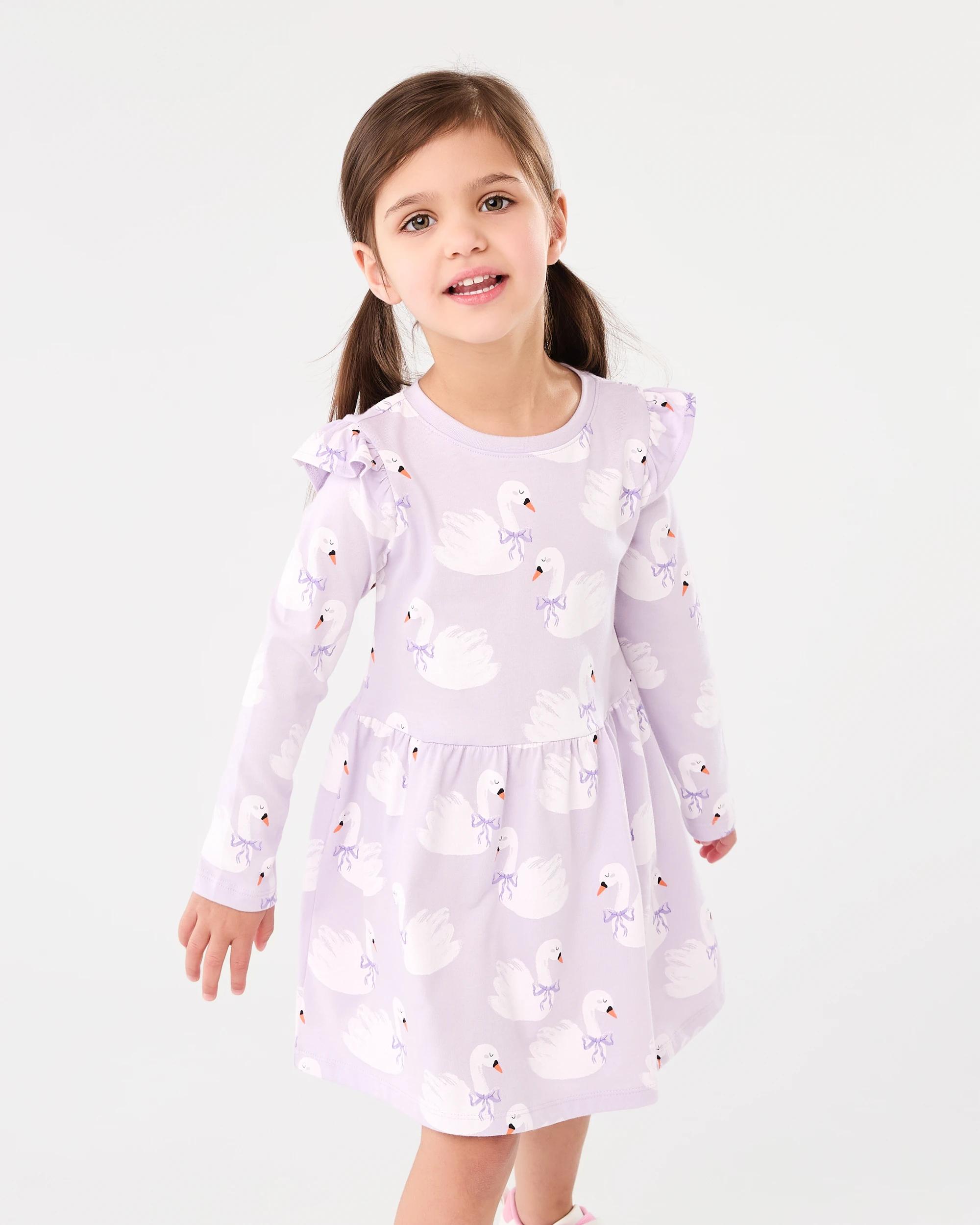 1 Long Sleeve Jersey Dress Prpl Swans, 1 of 9