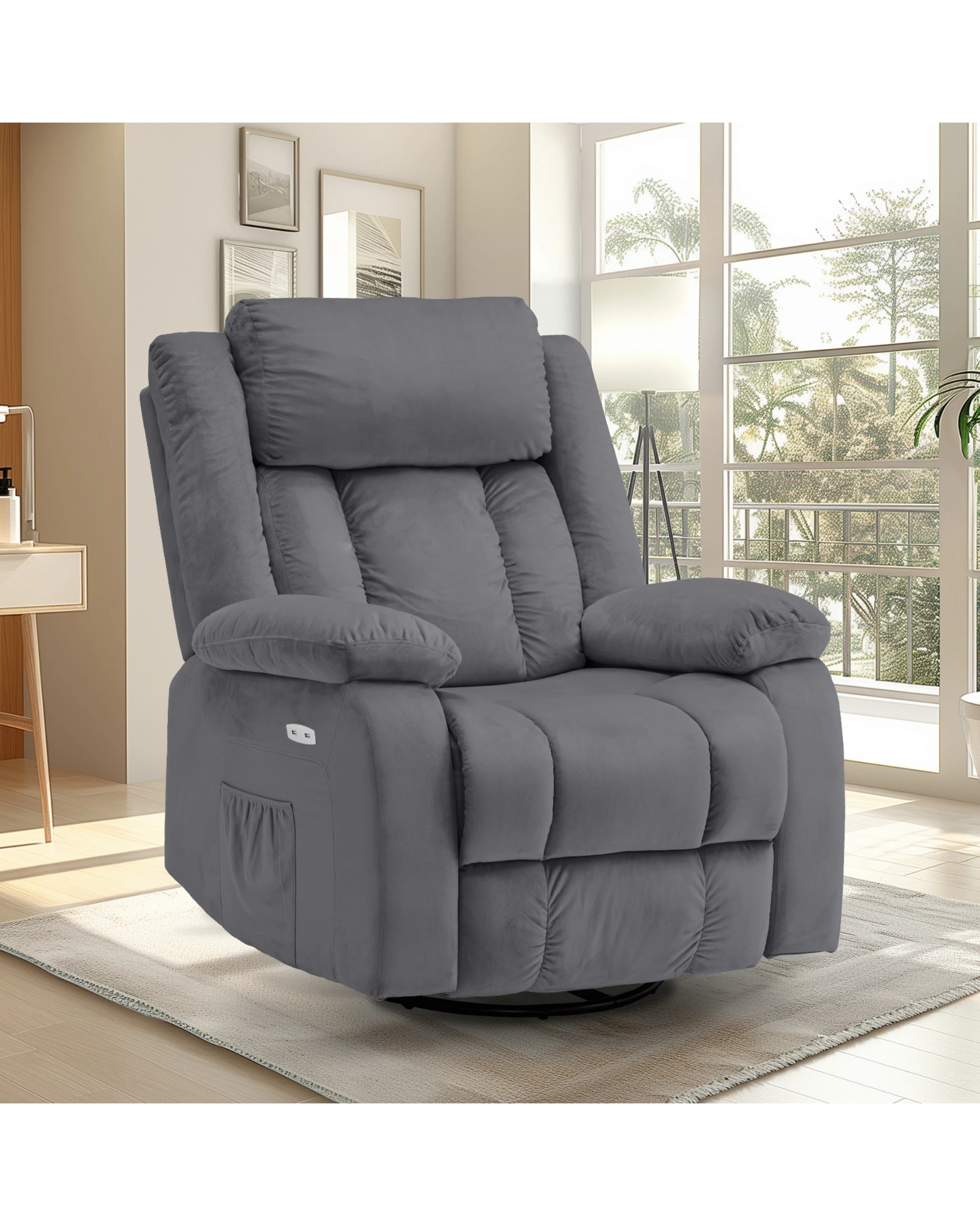 3 Advwin Recliner Chair Electric Heat Massage Chair Lounge Armchair Rotatable Velvet Grey, 3 of 8