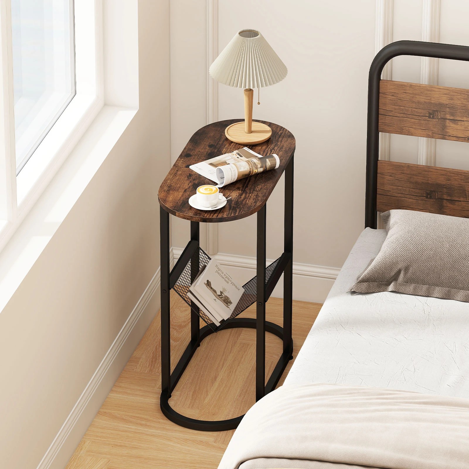 1 Costway Narrow Oval Side Table w/Magazine Holder 2-Tier Slim Couch End Table - Brown, 1 of 3