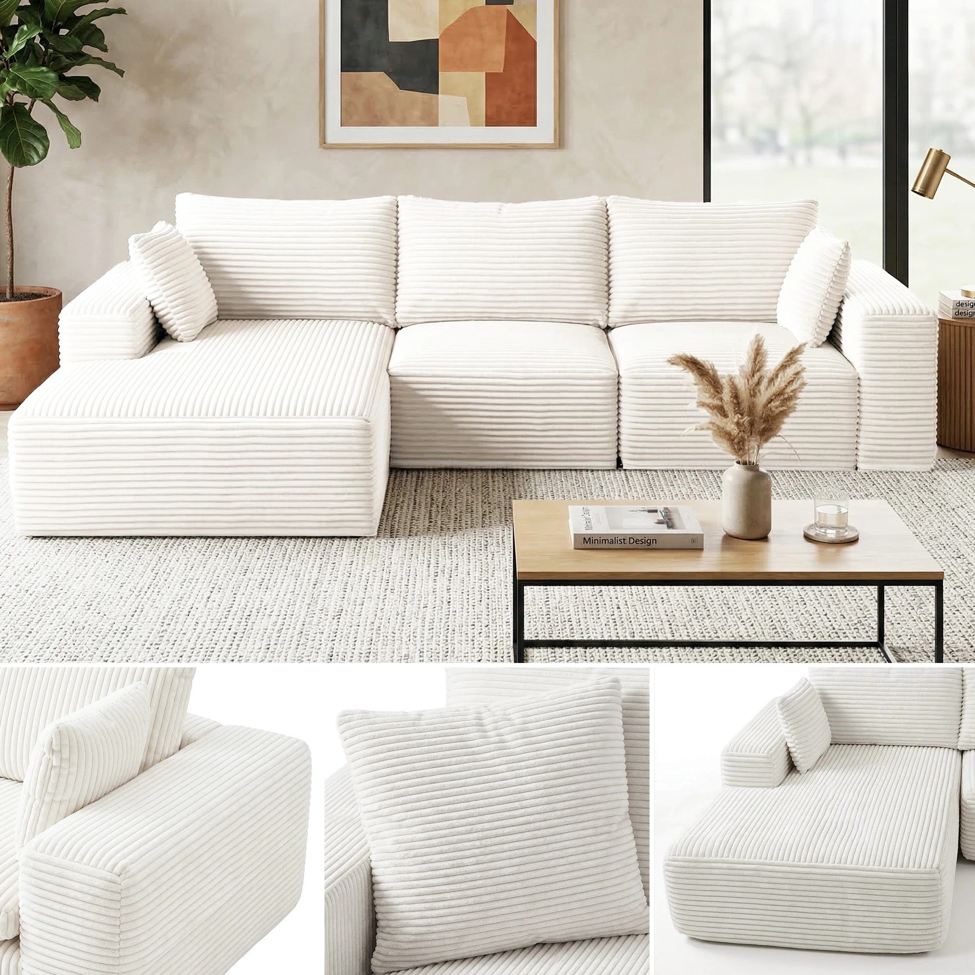 9 Artiss 3 Seater Modular Sofa Bed Sectional Boneless Couch for Living Room Corduroy Compressed Sofa - White, 9 of 10