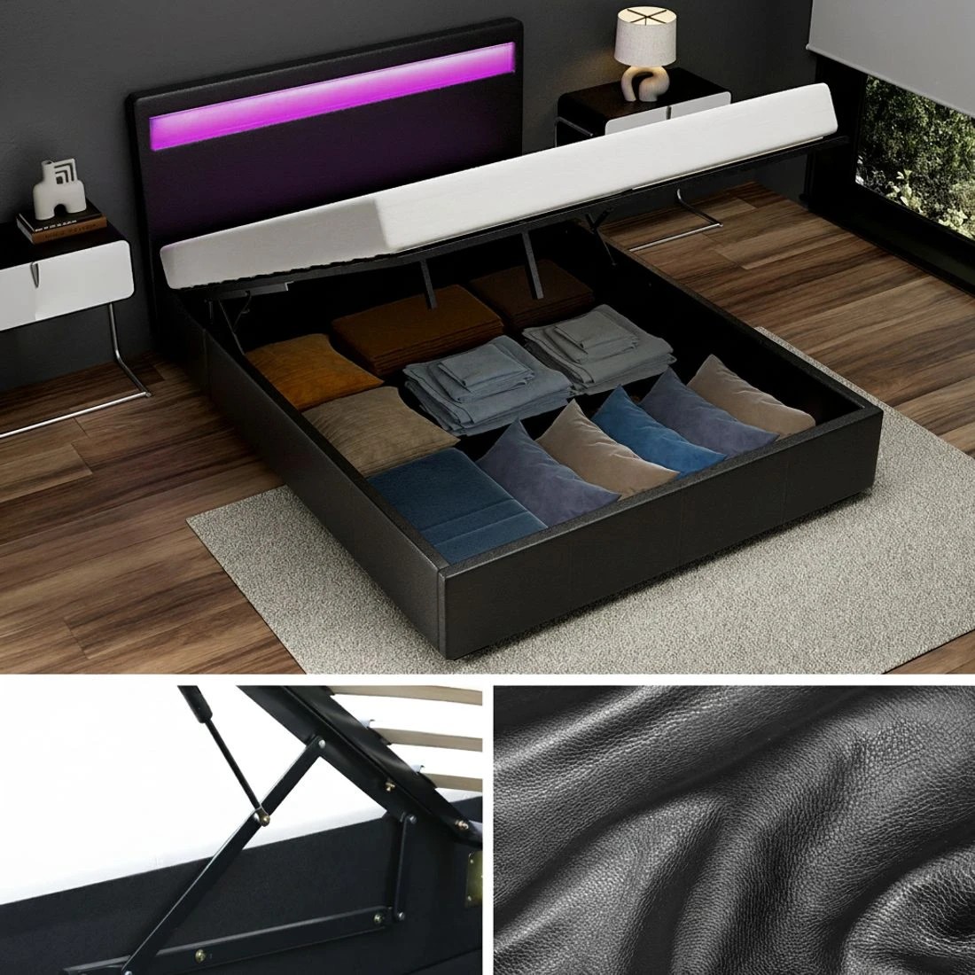 4 Artiss Bed Frame Queen Size LED Gas Lift  COLE - Black, 4 of 7