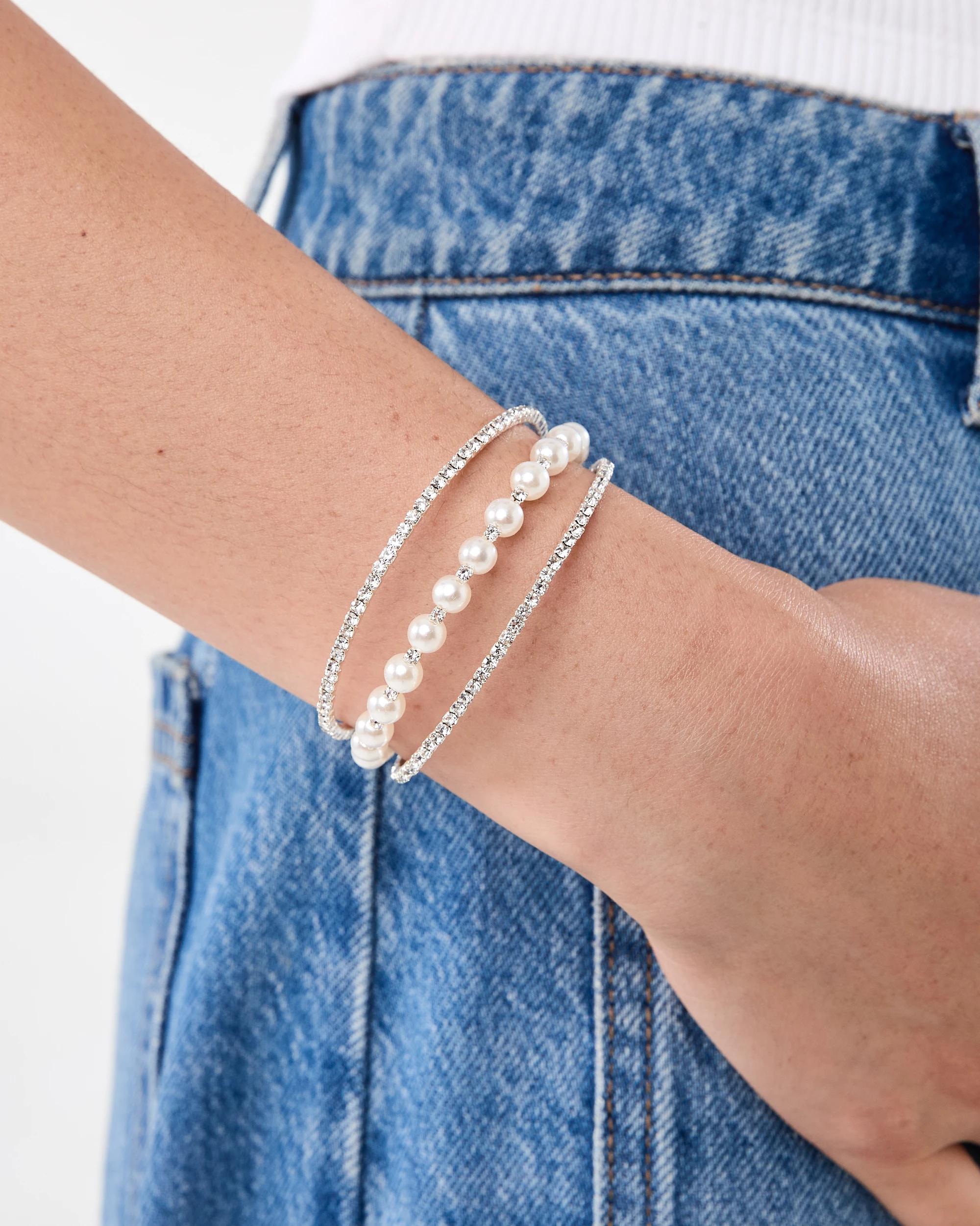 3 Sparkly Faux Pearl Bracelet - White and Silver Tone Silver, 3 of 4