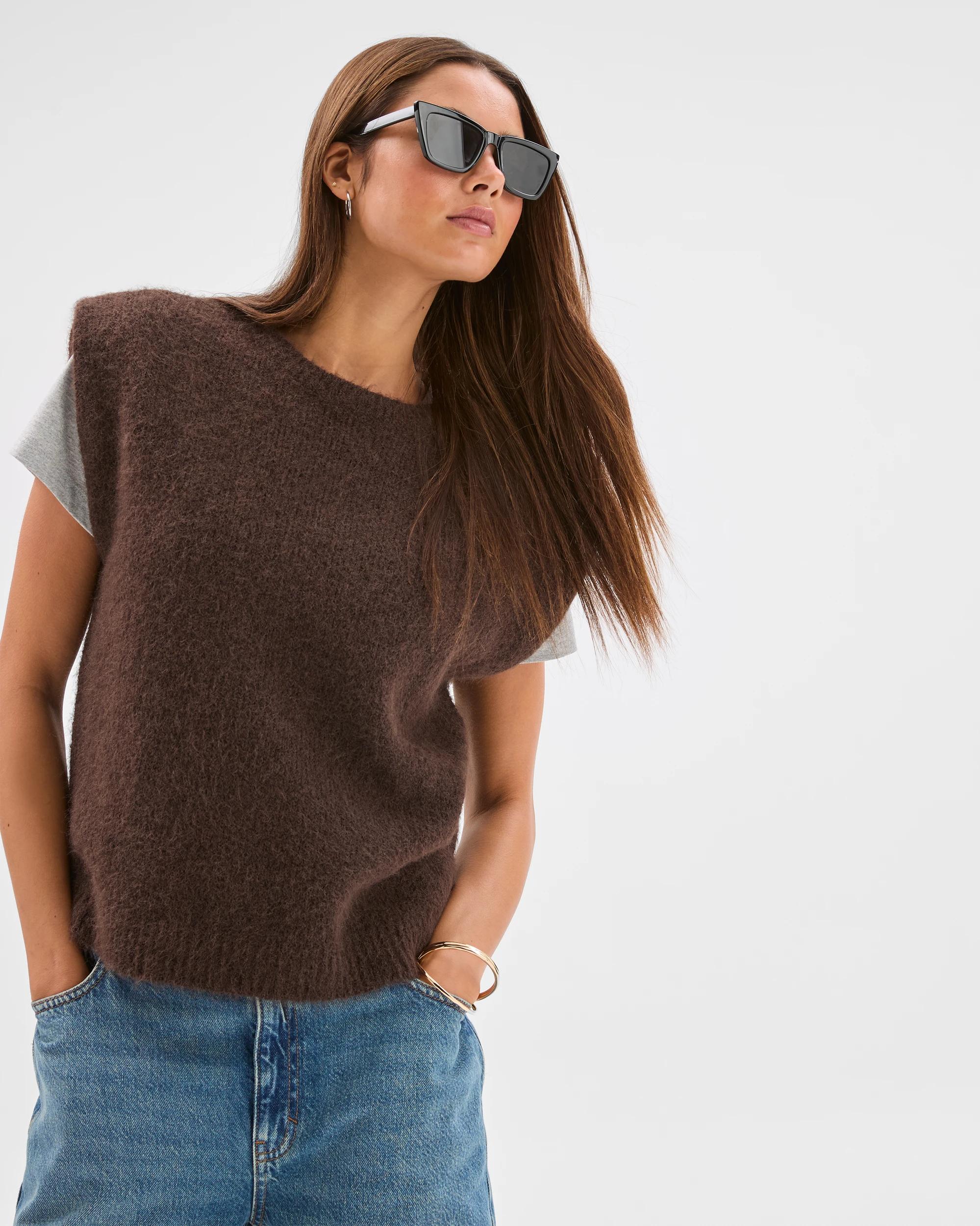 1 Lily Loves Exaggerated Shoulder Knit Vest TRUFFLE, 1 of 8