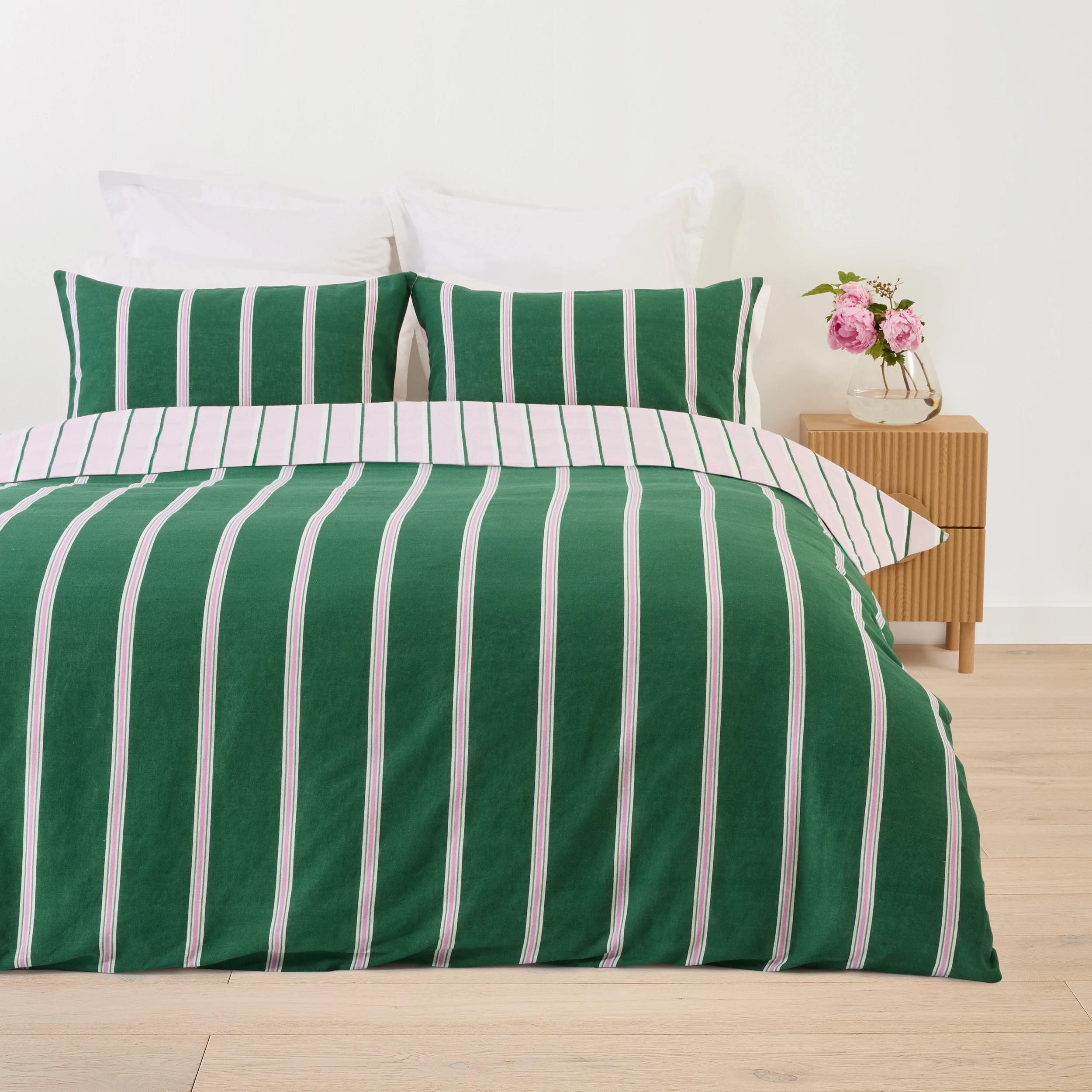 1 Stripe Linen Cotton Reversible Quilt Cover Set - Queen Bed, Pesto, 1 of 9