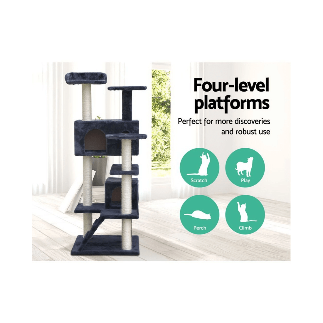 2 i.Pet Cat Tree 134cm Tower Scratching Post Scratcher Wood Condo House Bed
 - grey, 2 of 4