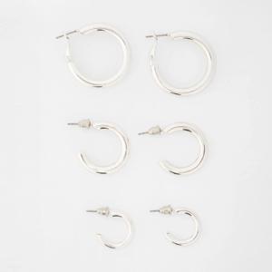 3 Pack Chunky Hoop Earrings - Silver Tone