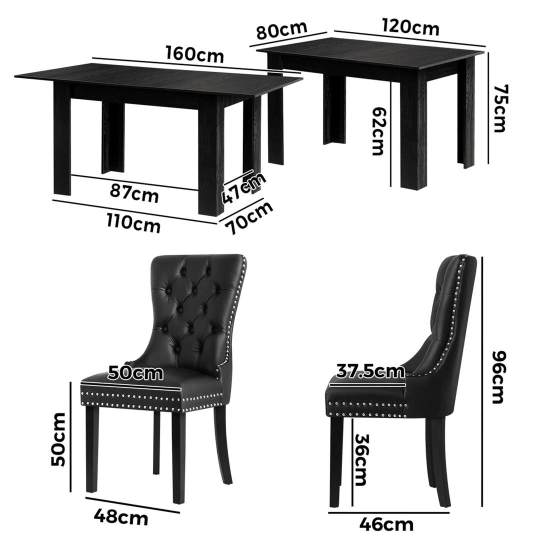 9 Oikiture 160cm Extendable Dining Table With 4pcs Pu Leather Dining Chairs
 - Black, 9 of 10