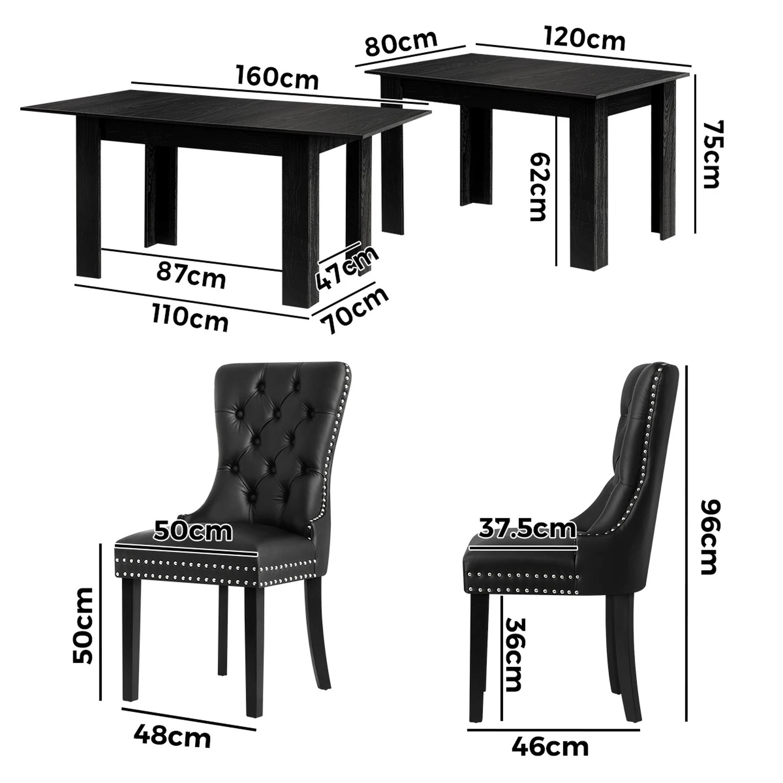 9 Oikiture 160cm Extendable Dining Table With 4pcs Pu Leather Dining Chairs
 - Black, 9 of 10