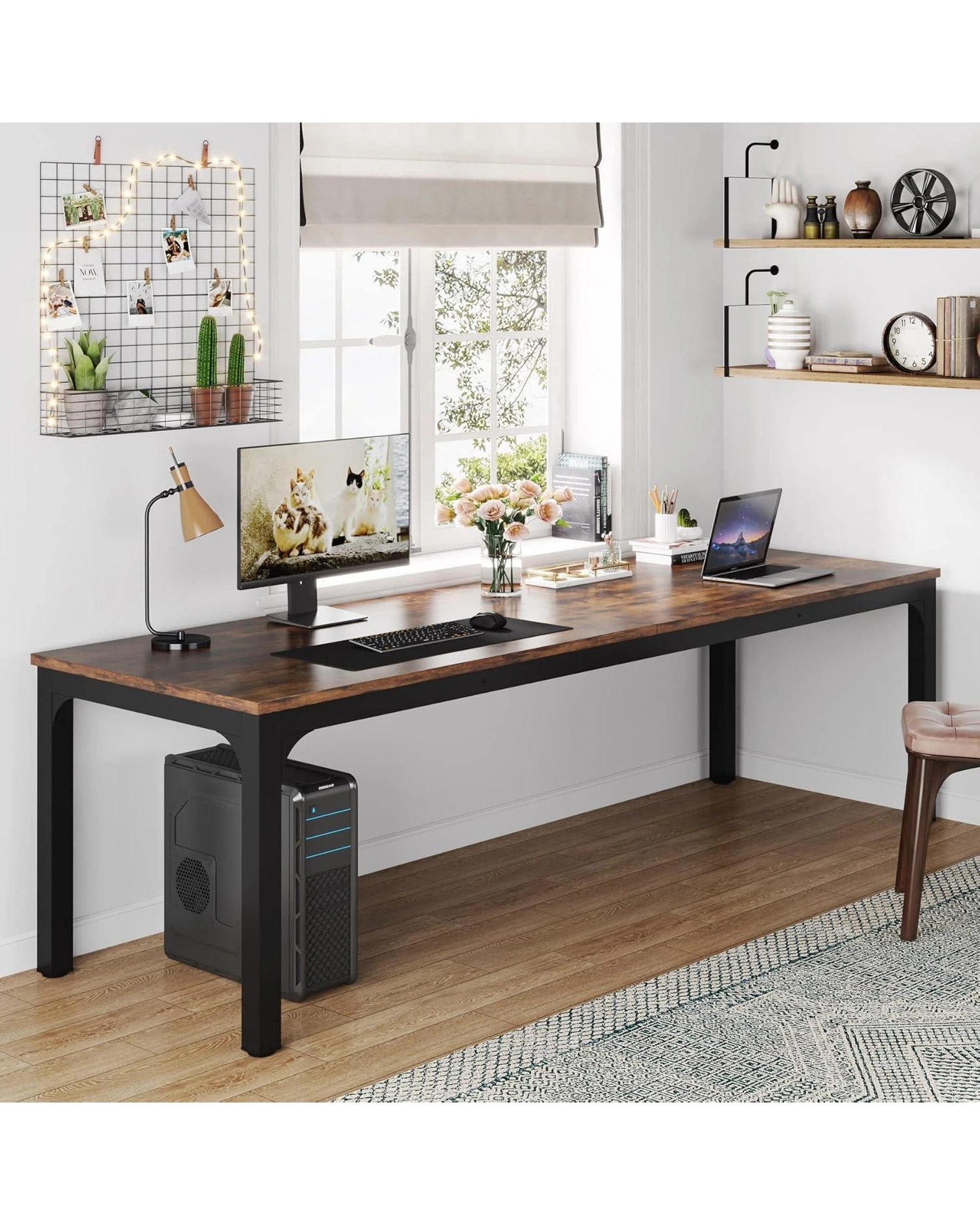 3 OAKORY 200cm Home Office Desk for Two People, Large Writing Desk with Heavy-Duty Metal Legs, Black & Rustic brown, 3 of 5