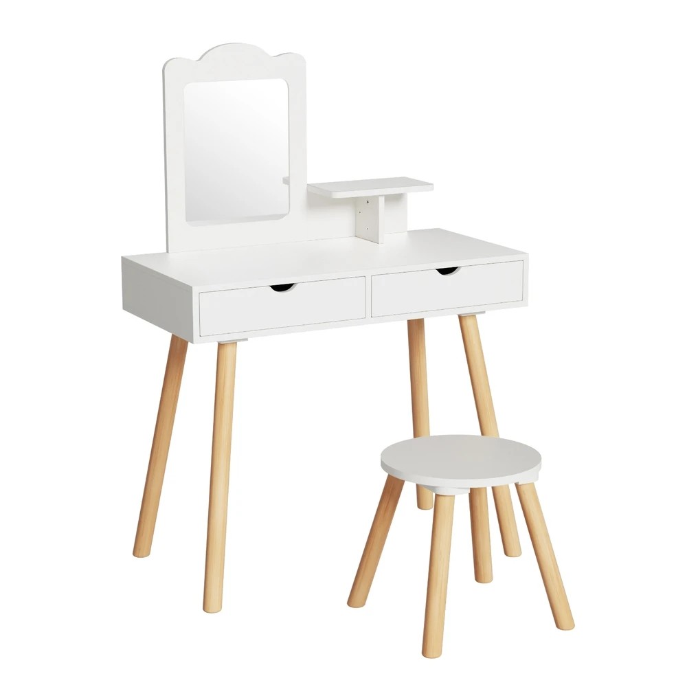 1 Keezi Kids Dressing Table Vanity Makeup Chair Set with Mirror Drawers Wooden Legs - White, 1 of 5