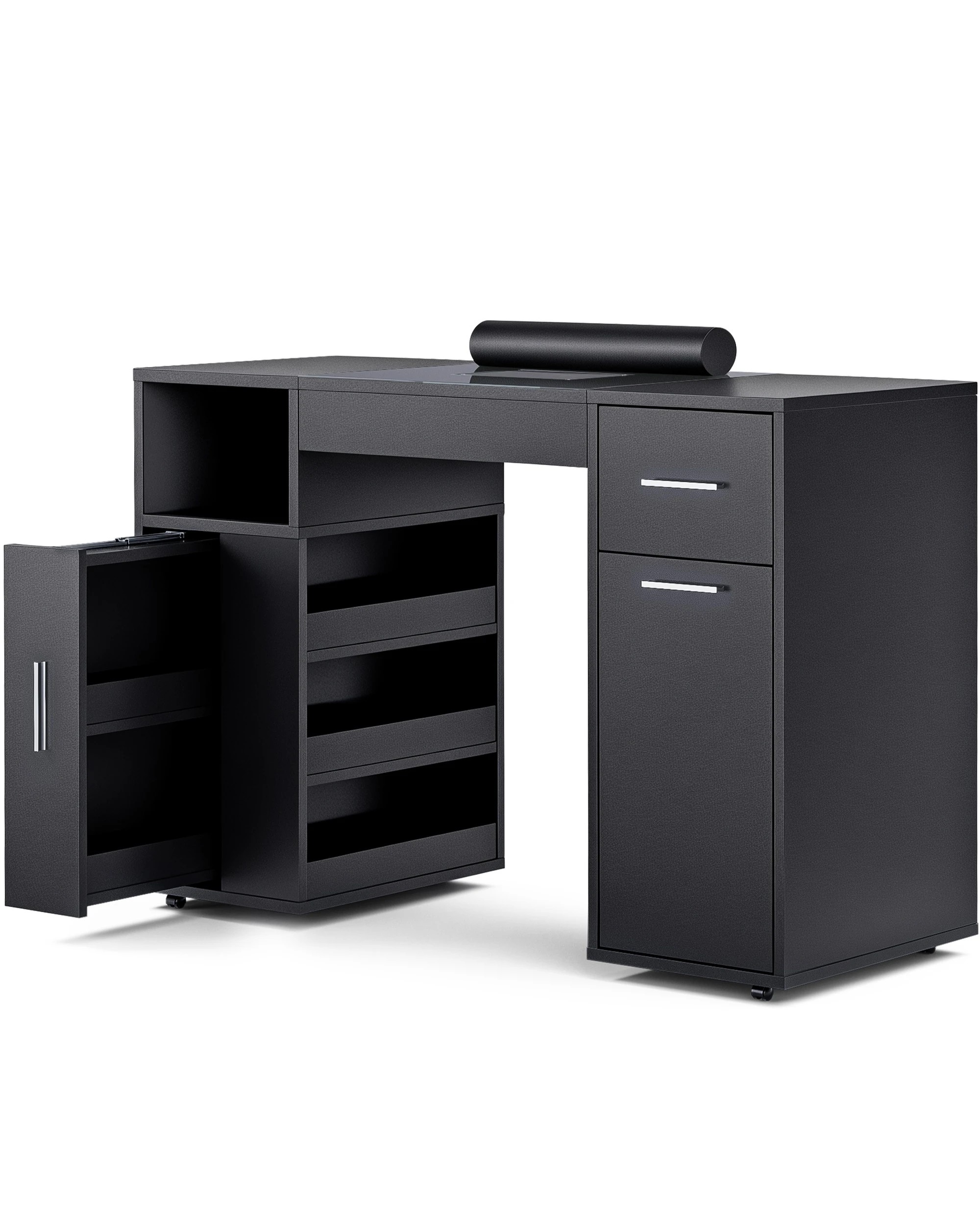 1 Advwin Manicure Table Vanity Desk With Dust Collector Glass Top Storage Cabinet - Black, 1 of 4