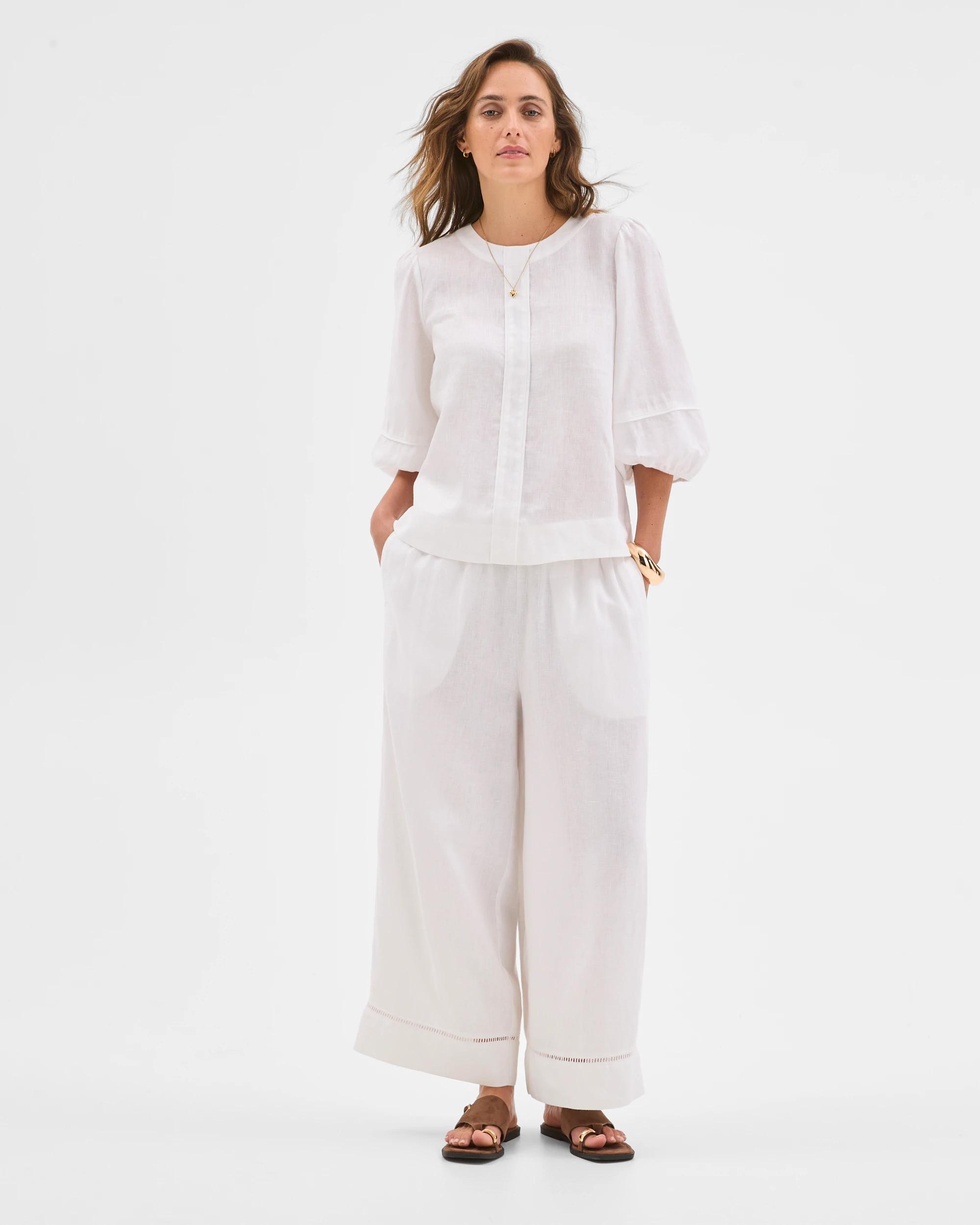 1 Target Woman European Linen Femme Popover Blouse WHITE, 1 of 6
