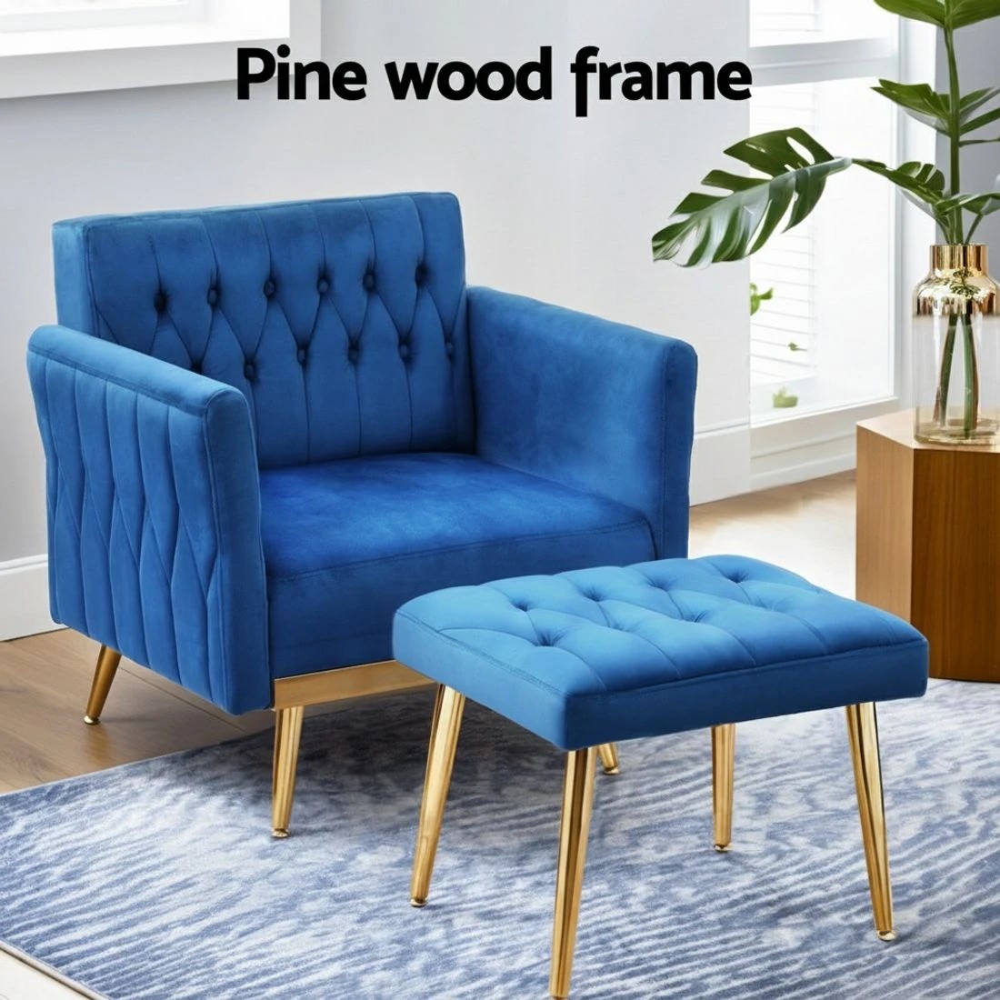 5 Artiss Armchair Ottoman Accent Chair Pillow Velvet - Blue, 5 of 6