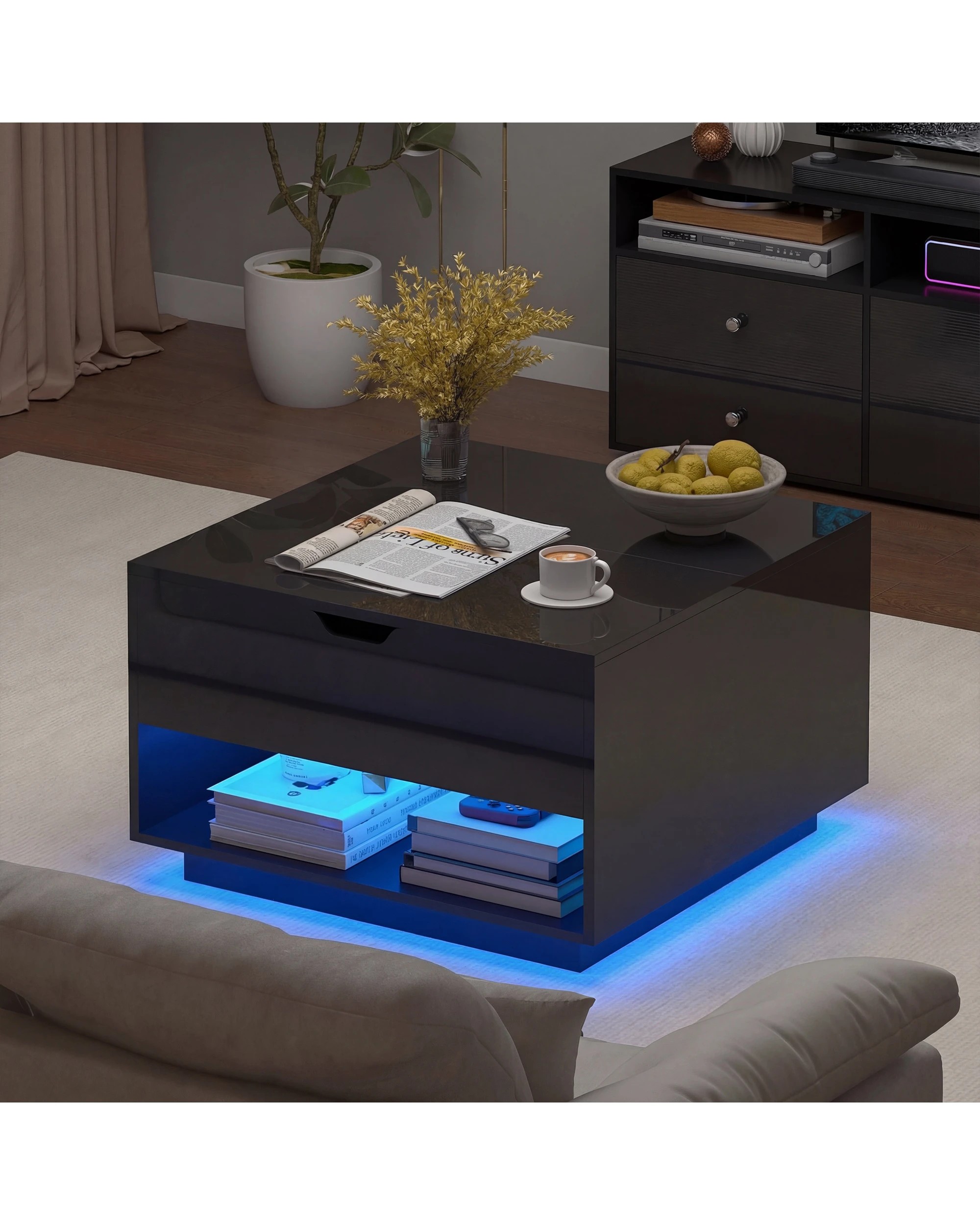 6 Advwin  LED Lift Top Coffee Table  w/ Hidden Storage & Open shelves - Black, 6 of 10