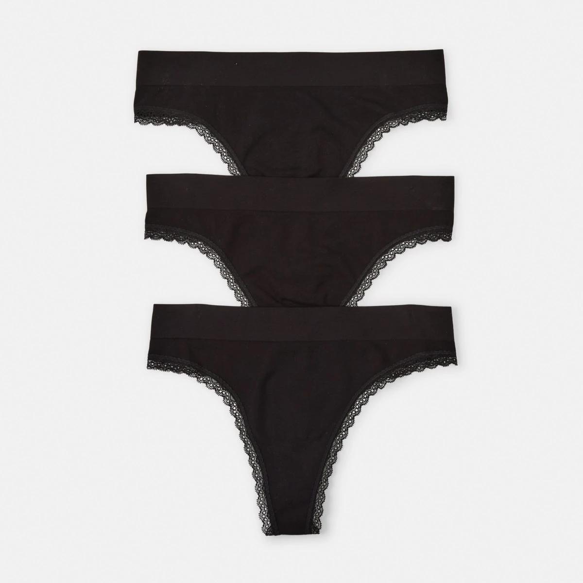 1 3 Pack Seamfree Bamboo Lace G-string Briefs BLACK, BLACK, BLACK, 1 of 6