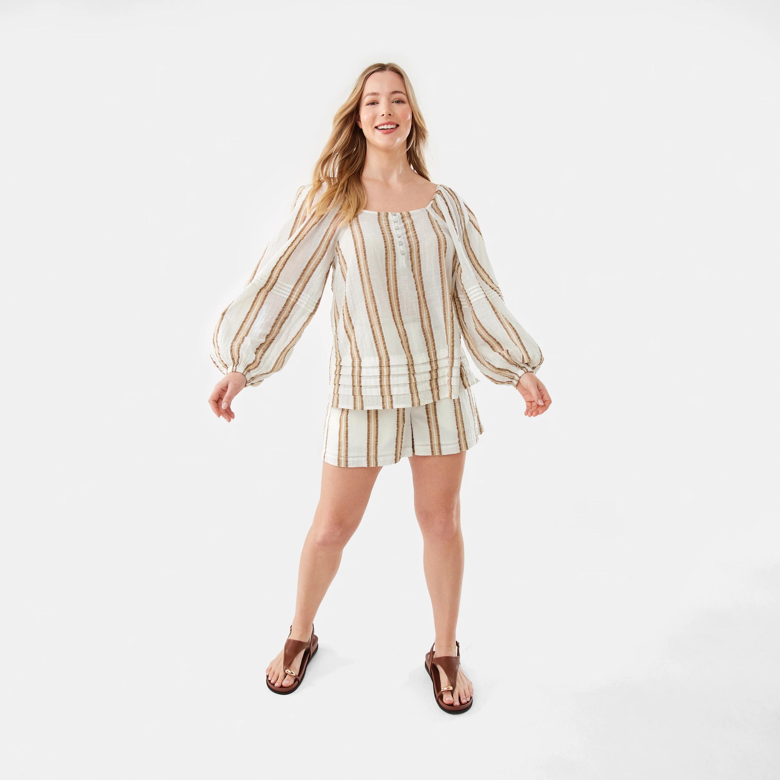 2 Long Sleeve Square Neck Boho Blouse STRIPE NATURAL BEIGE, 2 of 8