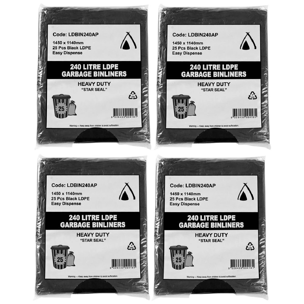 1 Tailored Packaging All Purpose Bin Liners 240L 100 Pack Black, 1 of 2