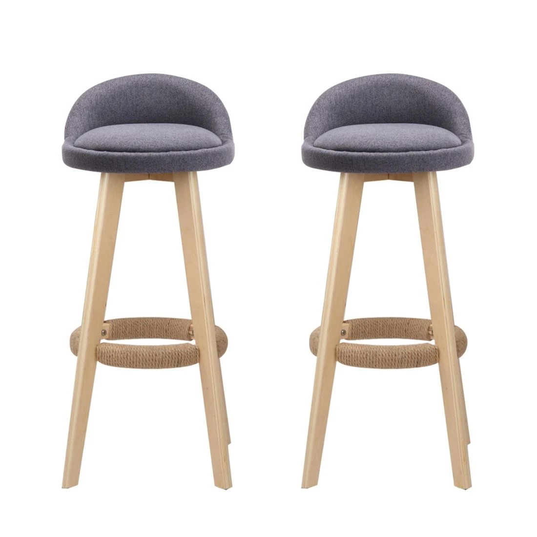 4 Artiss Set of 2 Linen Bar Stools Wooden Frame Rope Footrest Sturdy Stable Seating Comfortable Kitchen Counter - Grey, 4 of 7