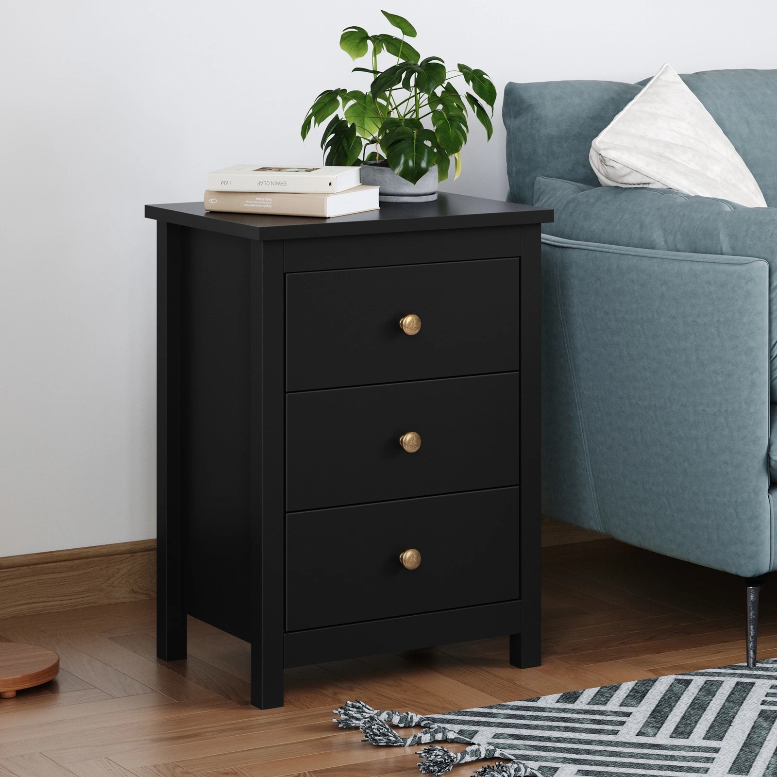 4 Alfordson 2x Bedside Table Hamptons 3 Drawers Nightstand - Black, 4 of 9