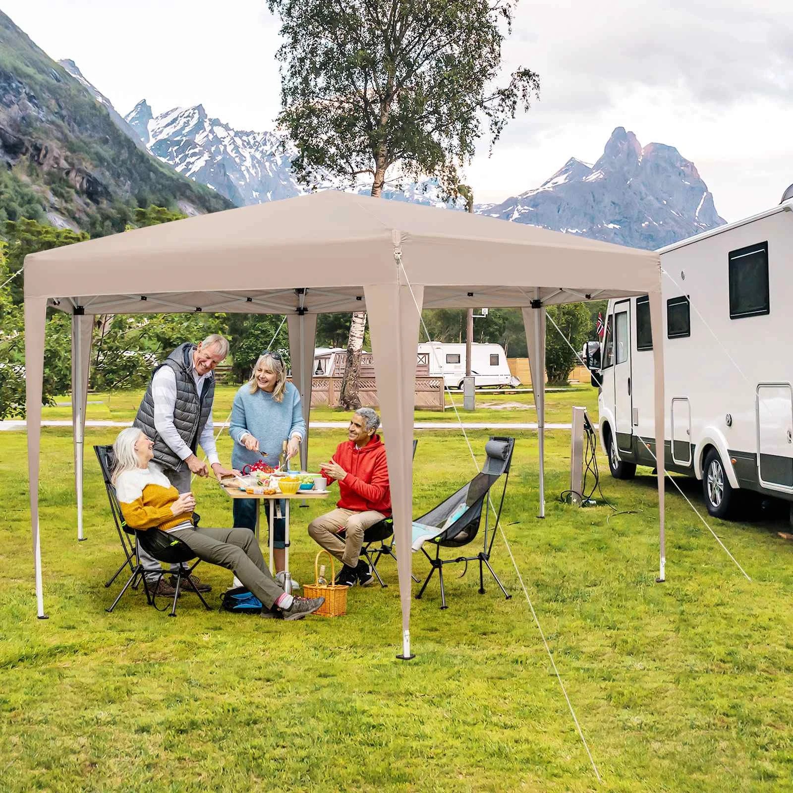 1 Costway 4x3.5m Hexagonal Pop-Up Canopy Adjustable Shelter - Brown, 1 of 1