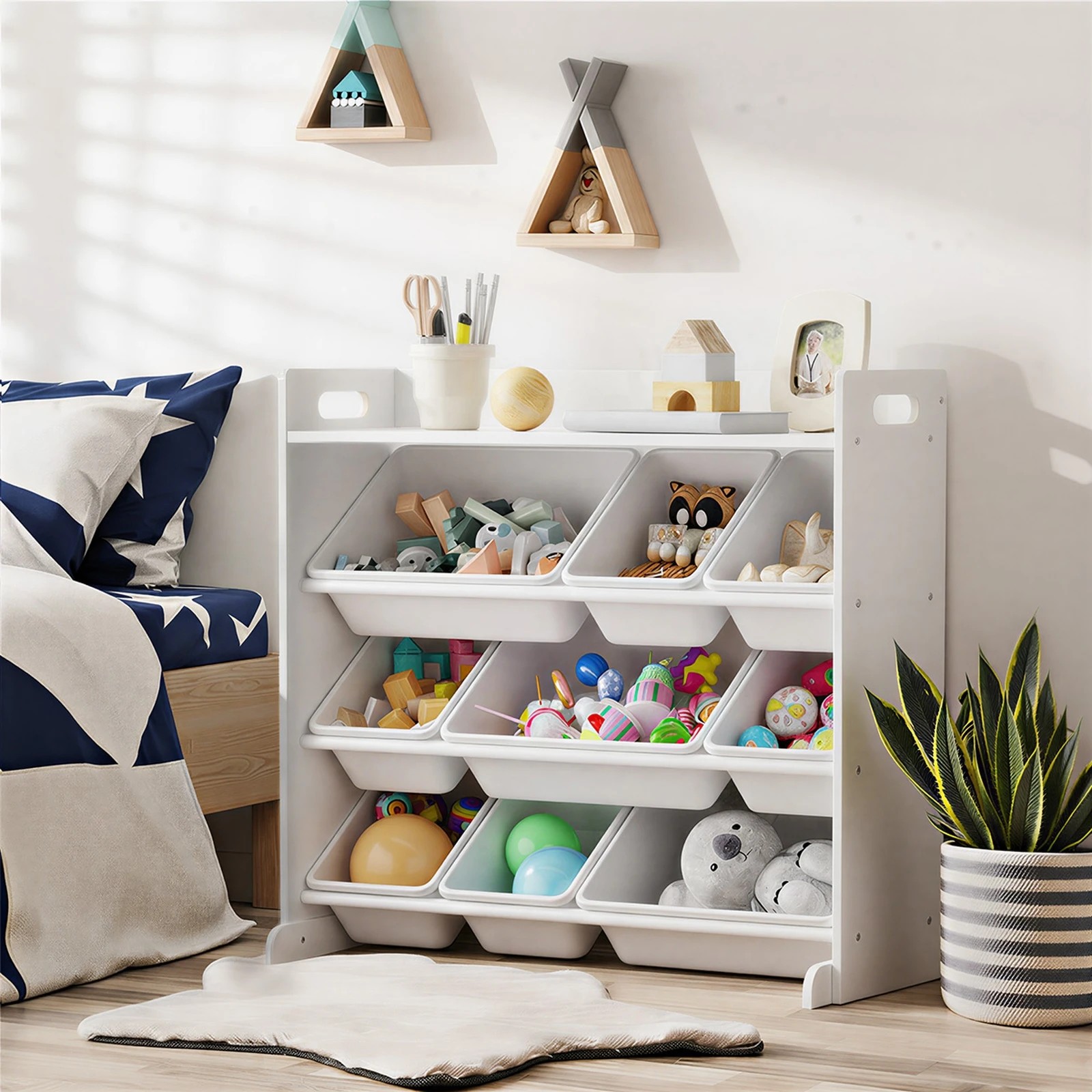 3 Oikiture 9 Bins Kids Toy Box Bookshelf Storage Organiser Display Shelf - White, 3 of 9