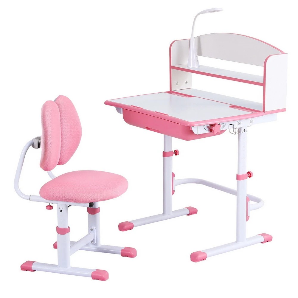 1 Keezi Kids Study Desk Chair Set Adjustable Ergonomic Table LED Lamp - Pink, 1 of 6