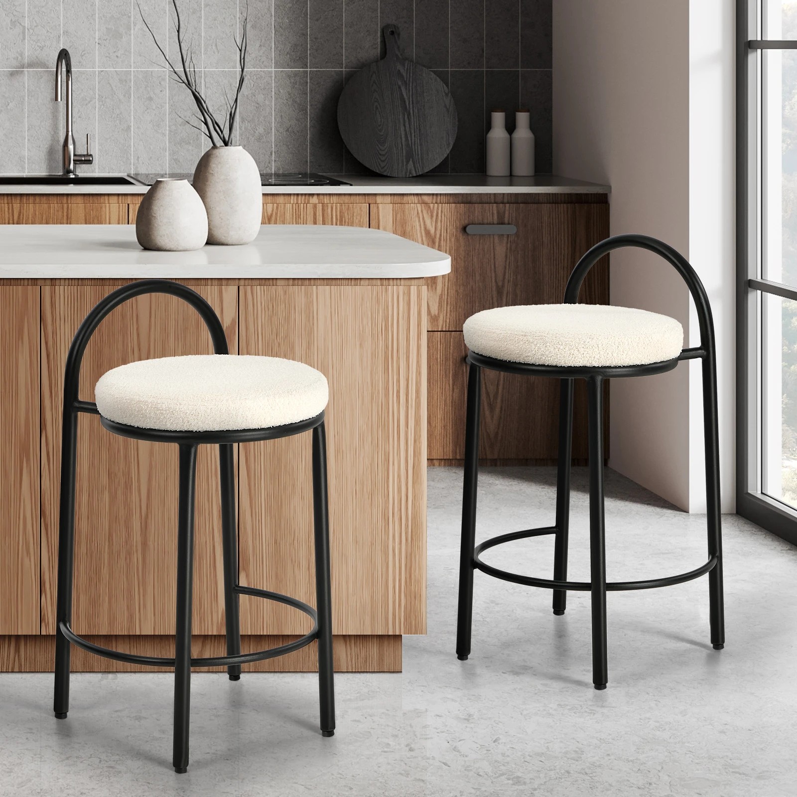 3 Oikiture 2x Bar Stools Dining Chairs Round Counter Seat Boucle - White, 3 of 9