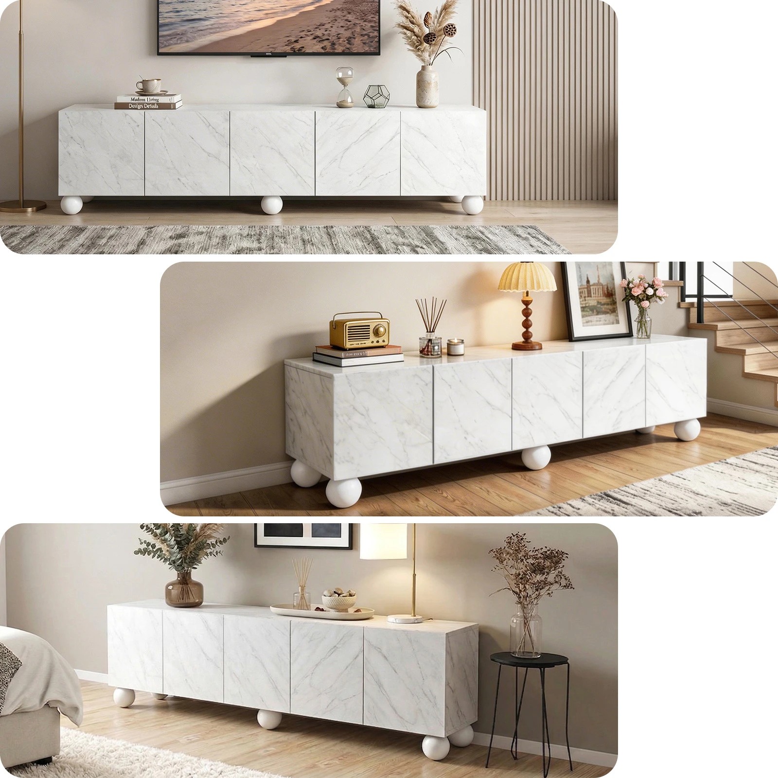8 Artiss 200cm TV Unit Entertainment Unit Marble Effect Finish Storage Cabinet - White, 8 of 9