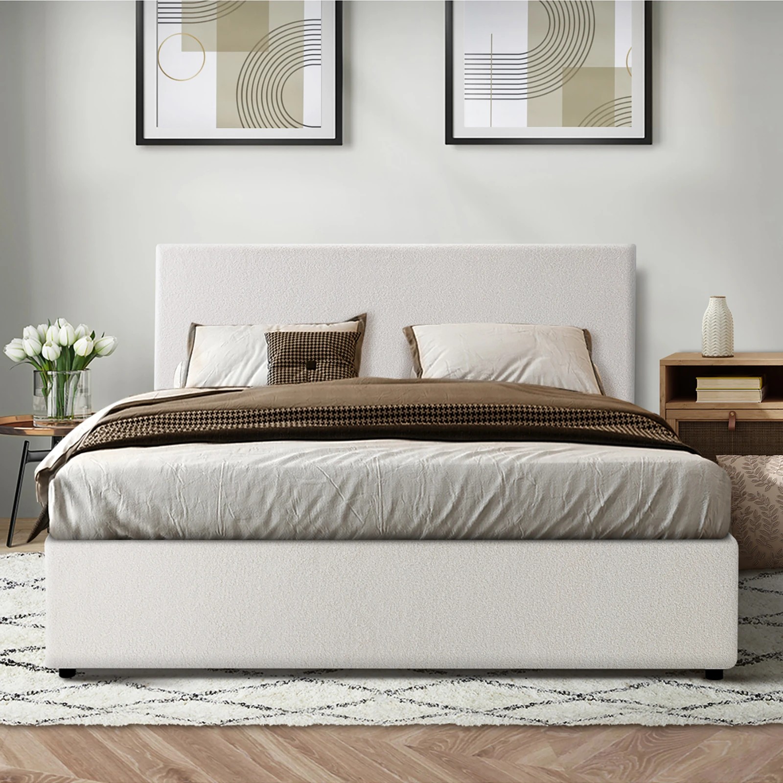 4 Oikiture Double Bed Frame Gas Lift Base With Storage Boucle
 - White, 4 of 10