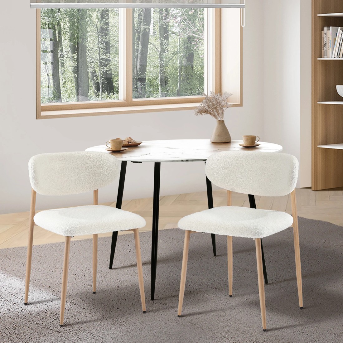 2 Oikiture 2x Dining Chairs Kitchen Chair Cafe Lounge Chair Boucle Timber-look Legs
 - White, 2 of 10