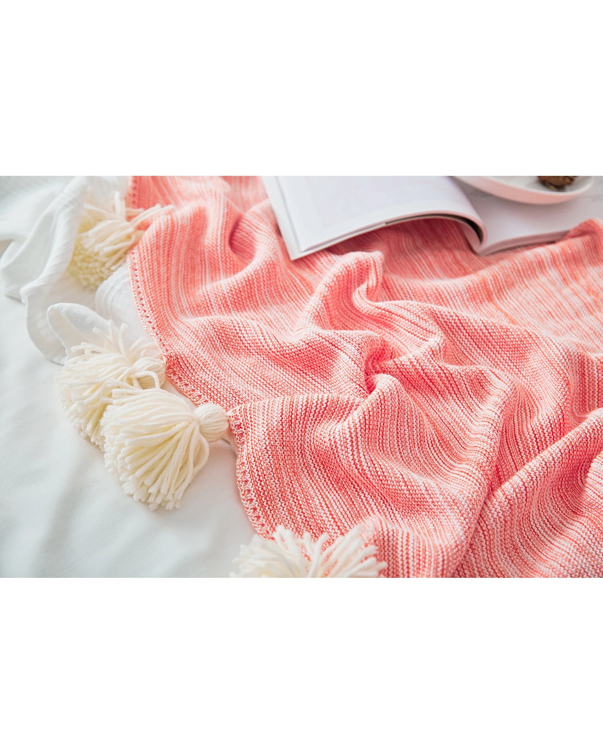 4 Cotton More 100% Cotton Tassel Knitted Sofa Bed Blanket 130x180cm - Pink, 4 of 4