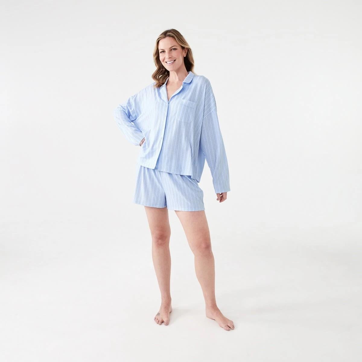 8 Long Sleeve Top and Shorts Comfort Pyjama Set TONAL STRIPE HALOGEN BLUE, 8 of 8