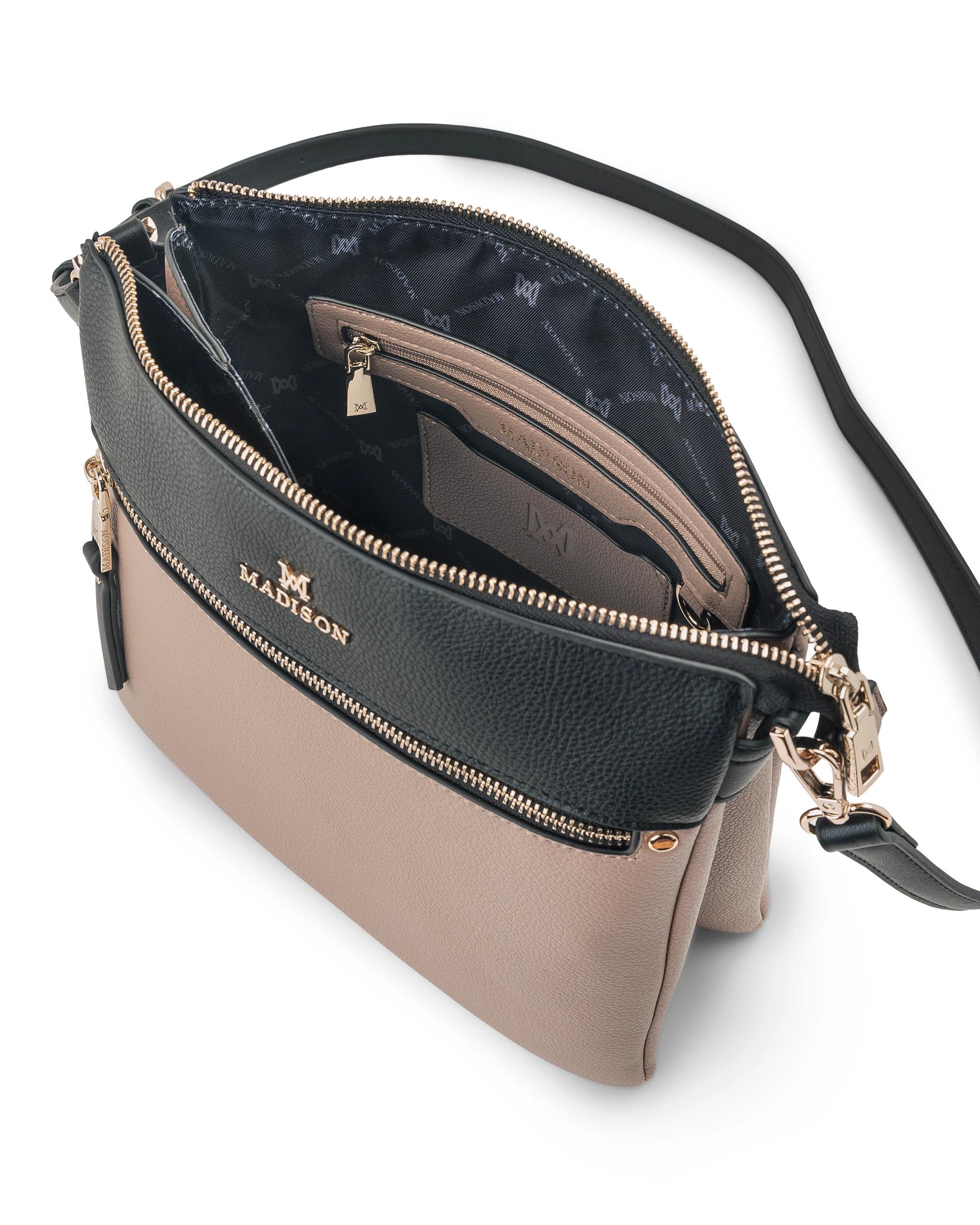 5 Madison Accessories Renee Zip Top 2 Compartment Crossbody TAUPE-BLACK LT GOLD, 5 of 7